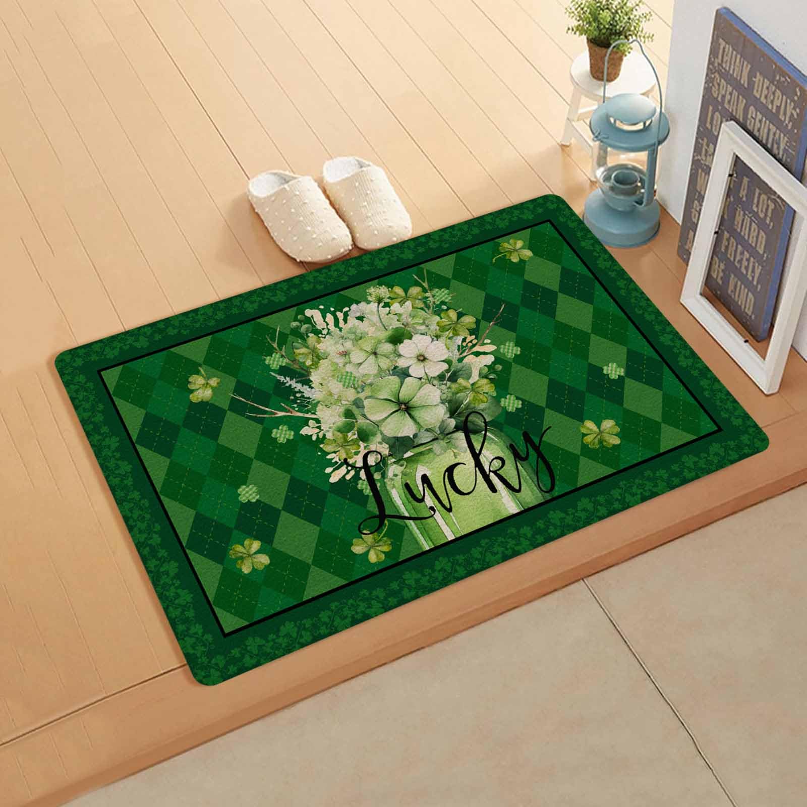 St. Patrick's Day Kitchen Bath Door Mat Cushioned Runner Rug,Washable Welcome Floor Sink Antifatigue Mat,Waterproof & Non-Slip Comfort Standing Doormat,Flower Leaves Vase Green Buffao Lattice 18