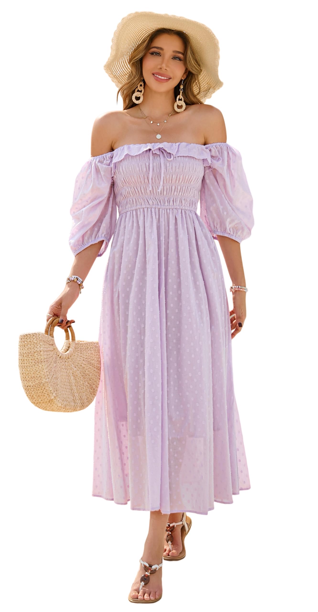 R.Vivimos Women Summer Cotton A Line Flowy Long Dresses | Half Sleeve, Ruffled, Vintage Elegant, Smocked Backless Dress, Maternity Shoot, Baby Shower, Casual Vacation Outfits
