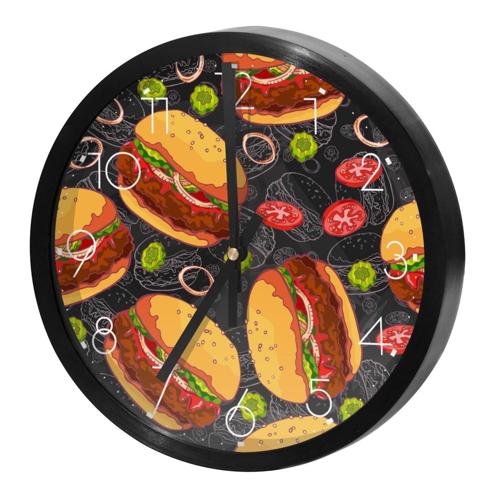 Horloge murale à quartz sans tic-tac au cadran imprimé burger de bœuf