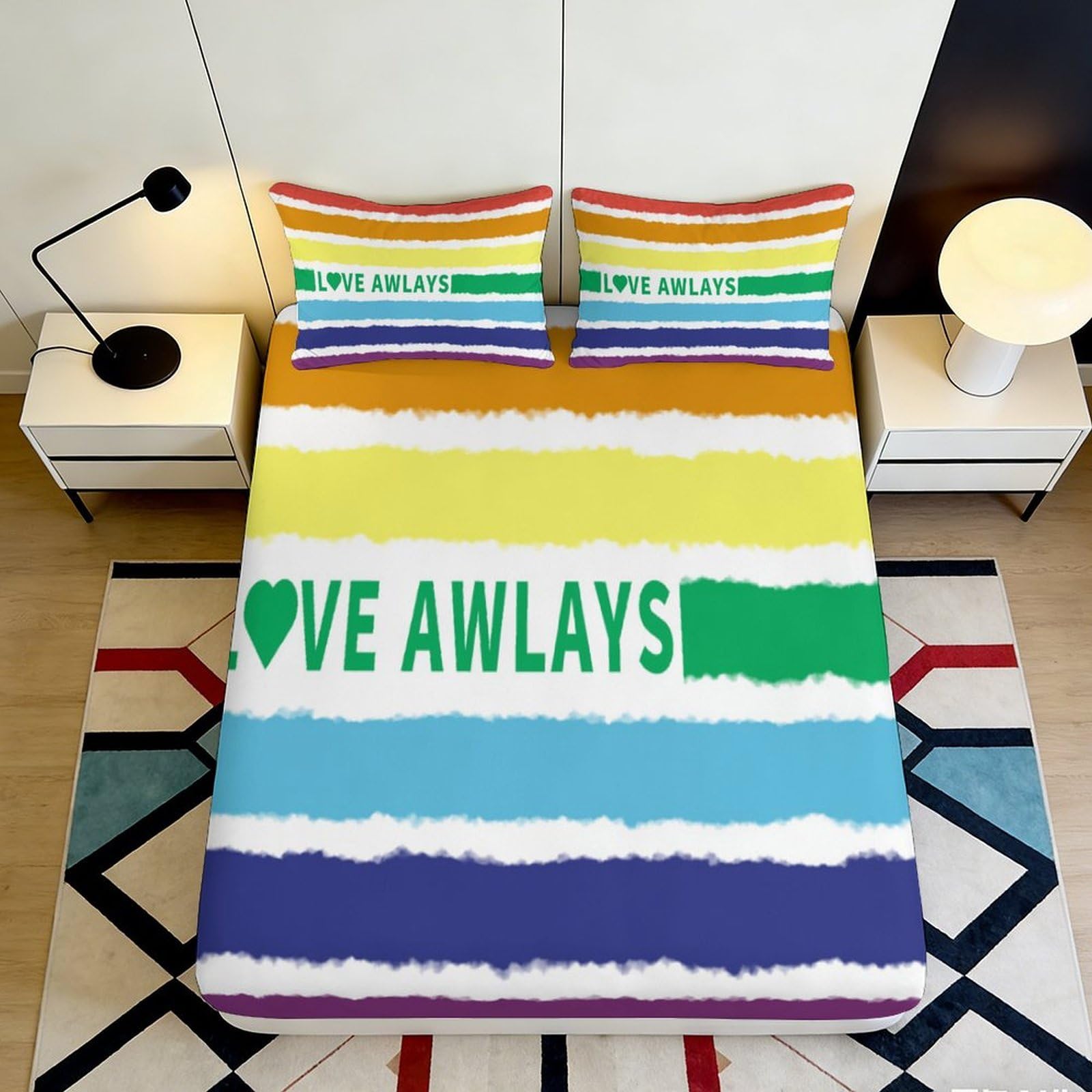 3D Printed Rainbow Stripe Fitted Sheet Microfiber Deep Pocket Non-Slip Full Wrap for Adults Bedroom Bedding Rainbow Mattress Fitted Cover Washable 200x200x25cm 90x200x25cm