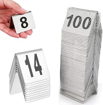WORDFUN Stainless Steel Restaurant Table Numbers, Metal Tent Table Numbers, 1-50, 1-100, Stackable Table Number Cards, Sturdy, Seat Card for WeddingPartyDecoration