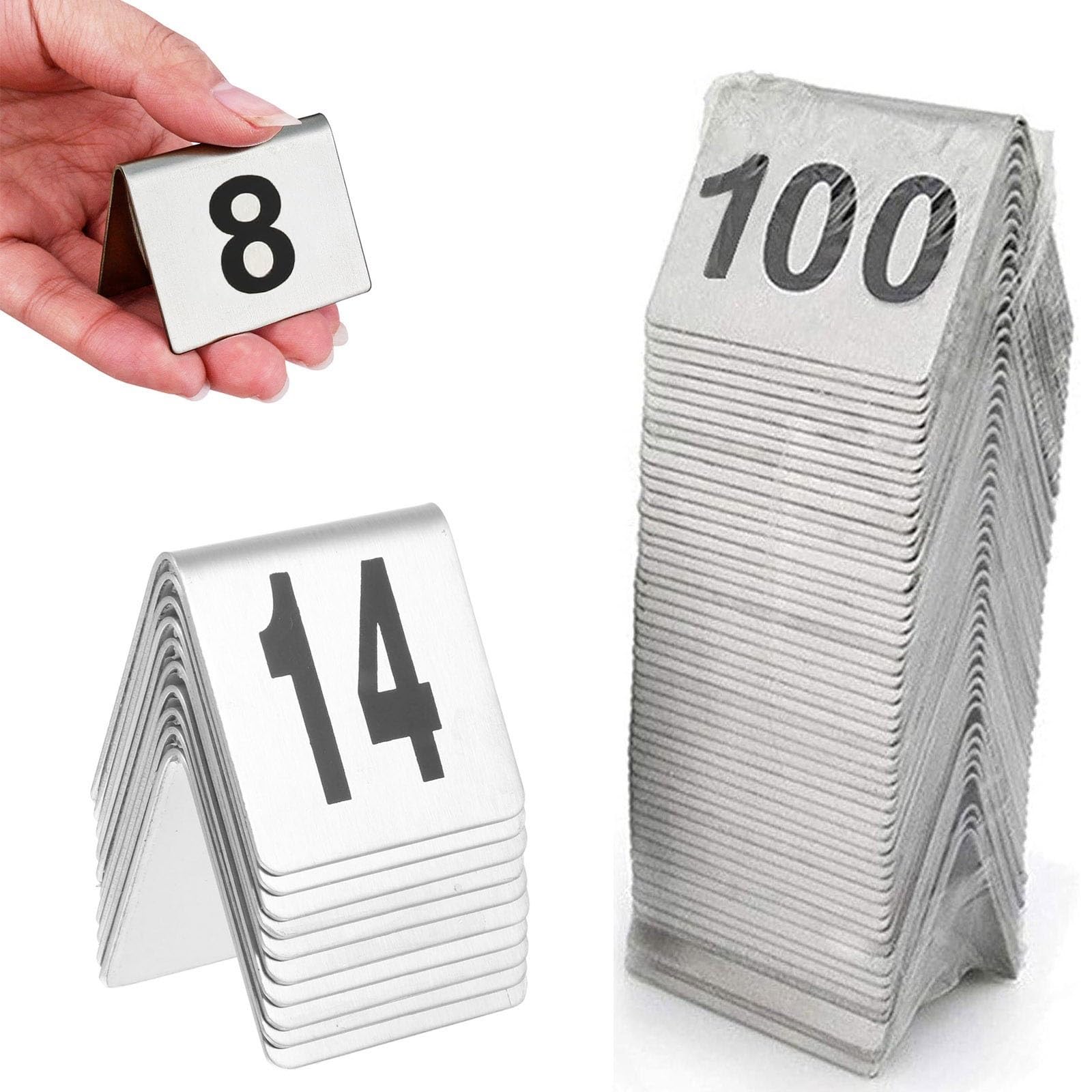 MYUYEE Stainless Steel Restaurant Table Numbers, Metal Tent Table Numbers, 1-50, 1-100, Stackable Table Number Cards, Sturdy, Seat Card For Weddingpartydecoration (1 To 100-L:40Xw:50Mm)