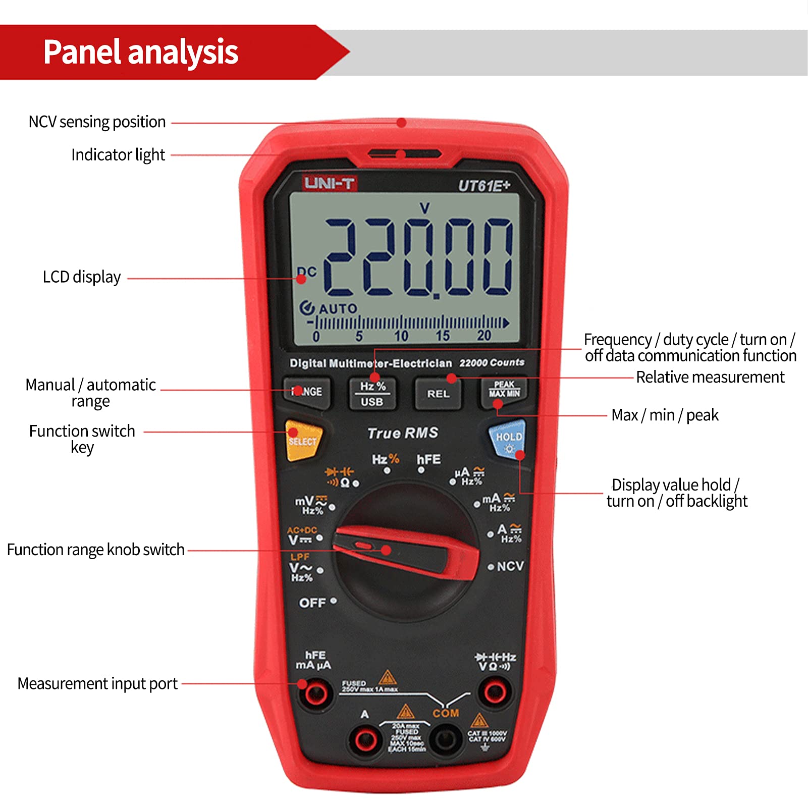 BuyWeek Digital Multimeter, UT61E+ AC DC Spannungsprüfer Strommessgerät USB Übertragung LCD Anzeige AC DC Spannungs Strom Widerstand Kapazität Frequenzprüfgerät