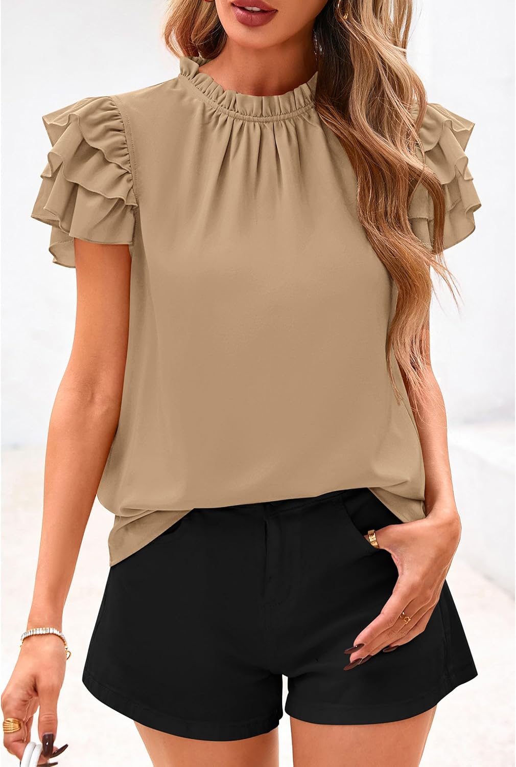 KIRUNDO Blouses for Women Dressy Casual 2026 Spring Summer Ruffle Short Sleeve Mock Neck Work Shirts Tops Fashion Clothing - Image 4
