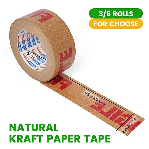 Miniatura 2 de ADHES - Cinta frágil, cinta de papel kraft biodegradable, 2 pulgadas x 55 yardas, 3 rollos, adhesivo fuerte, cinta de embalaje de papel ecológica