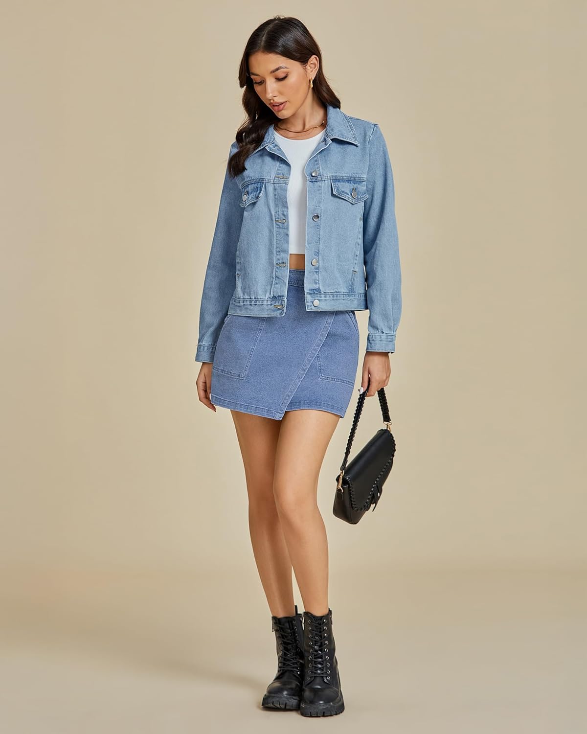 luvamia Jean Skirts for Women Denim Mini Trendy High Waisted Stretchy Asymmetrical Faux Wrap Short Skirt with Pockets - Image 6