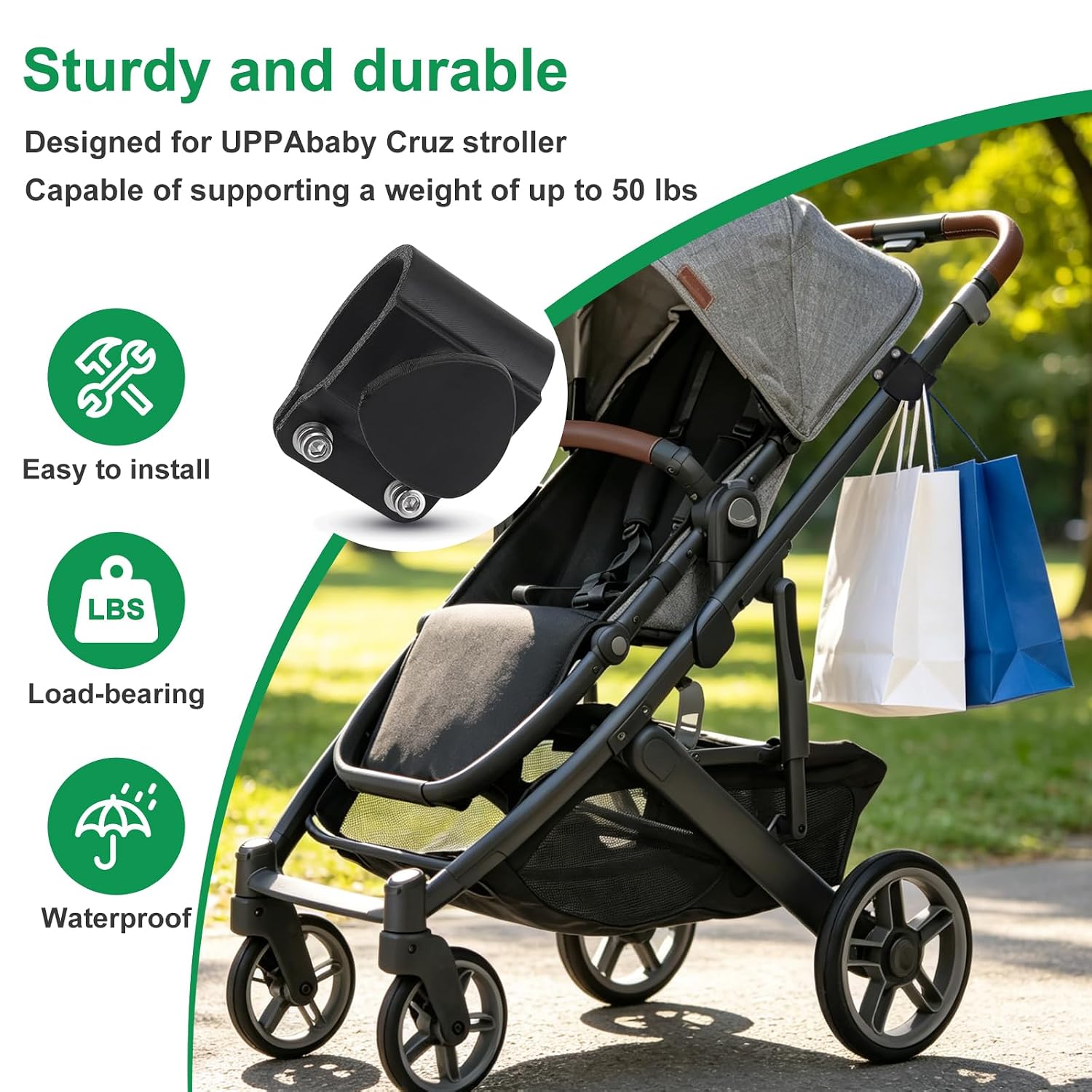 2 Pack Side Hook for UPPAbaby Cruz V2 Stroller, Stroller Frame Hook with Mounting Clip, Bolts and Screws Included, Fold-Friendly Bag Holder for Shopping Bags, Handbags and Bottles