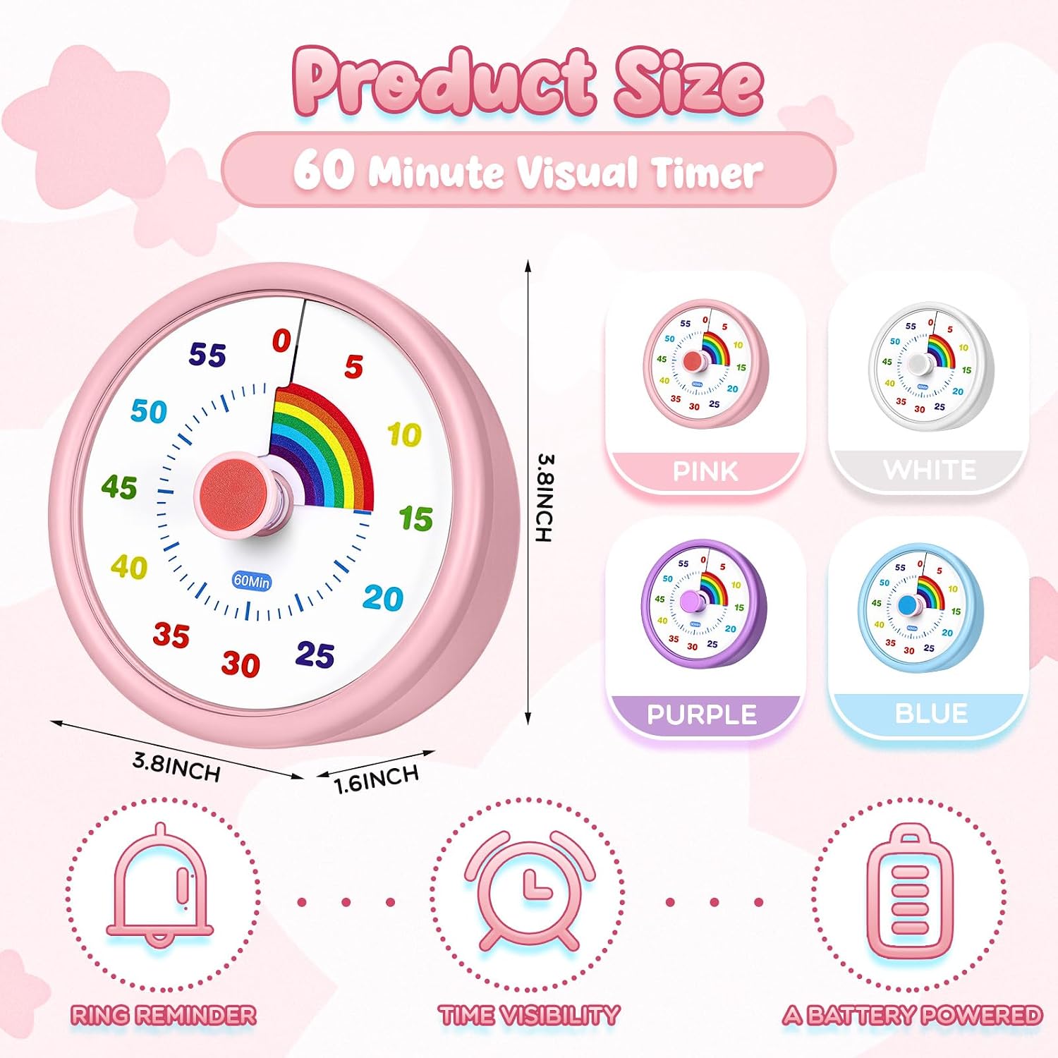 Amazingspark Visual Timer 60 Minute, Rainbow, Purple,Blue,Pink,White, 4 Pcs