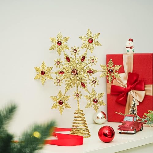 Miniatura 8 de DUSVALLY Gold Snowflake Christmas Tree Topper, Red Glitter Metal Star Treetop Xmas Decor with Easy Spiral Base-13 in