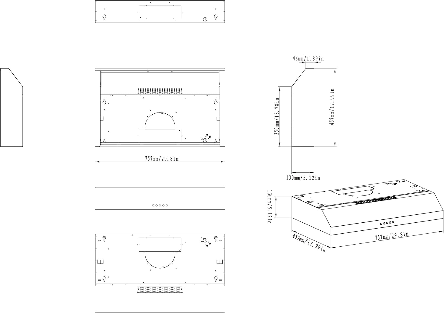 Technical drawing showing the dimensions and various views of the Winflo 30-inch range hood.