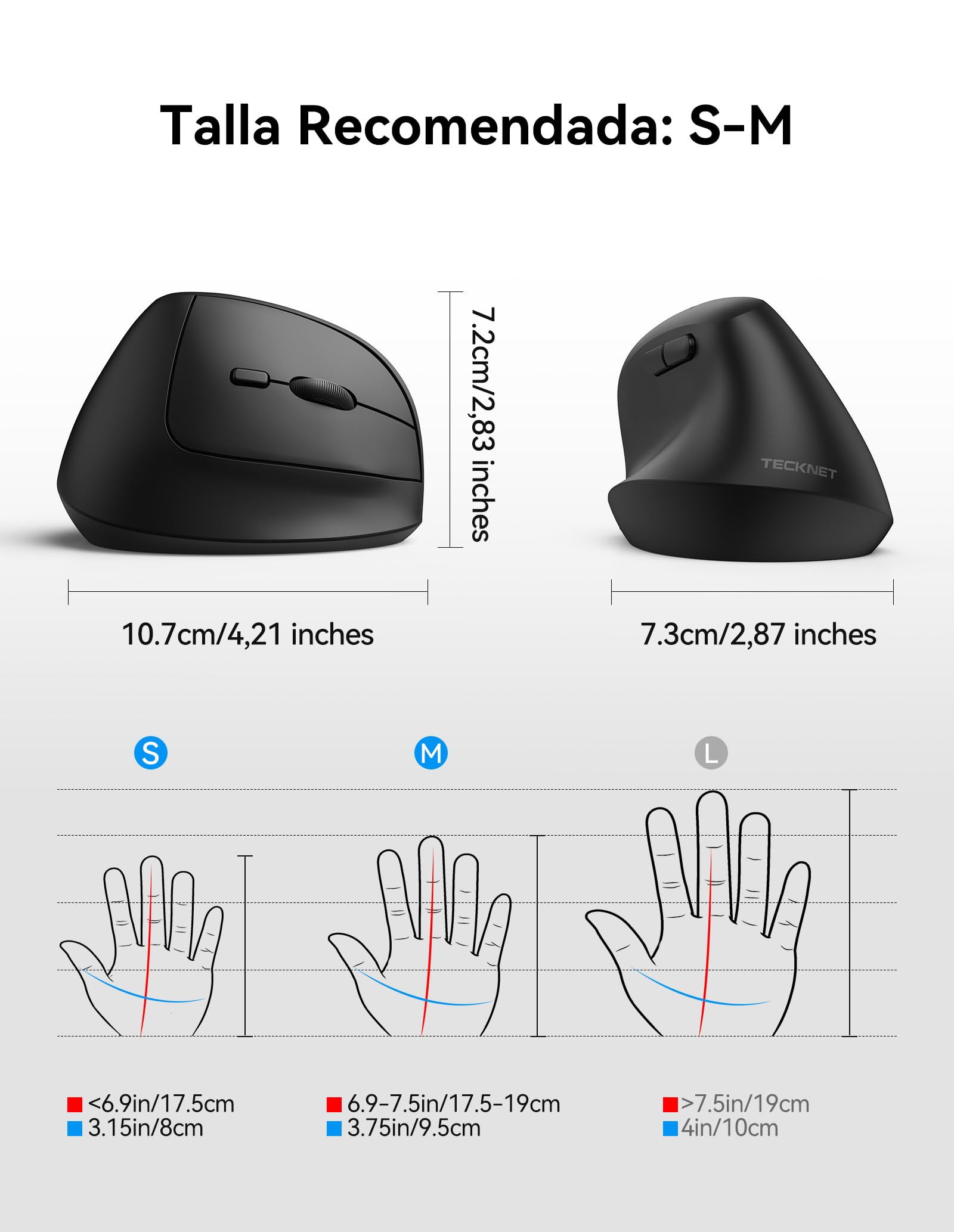 TECKNET Ratón Bluetooth Ergonómico, Ratón Vertical con 3 Modos de Conexión | BT 5.0/3.0+2.4G Ratón Inalámbrico Recargable, 4800DPI Ajustable, Silencioso Mouse para Portátil, Mac y PC