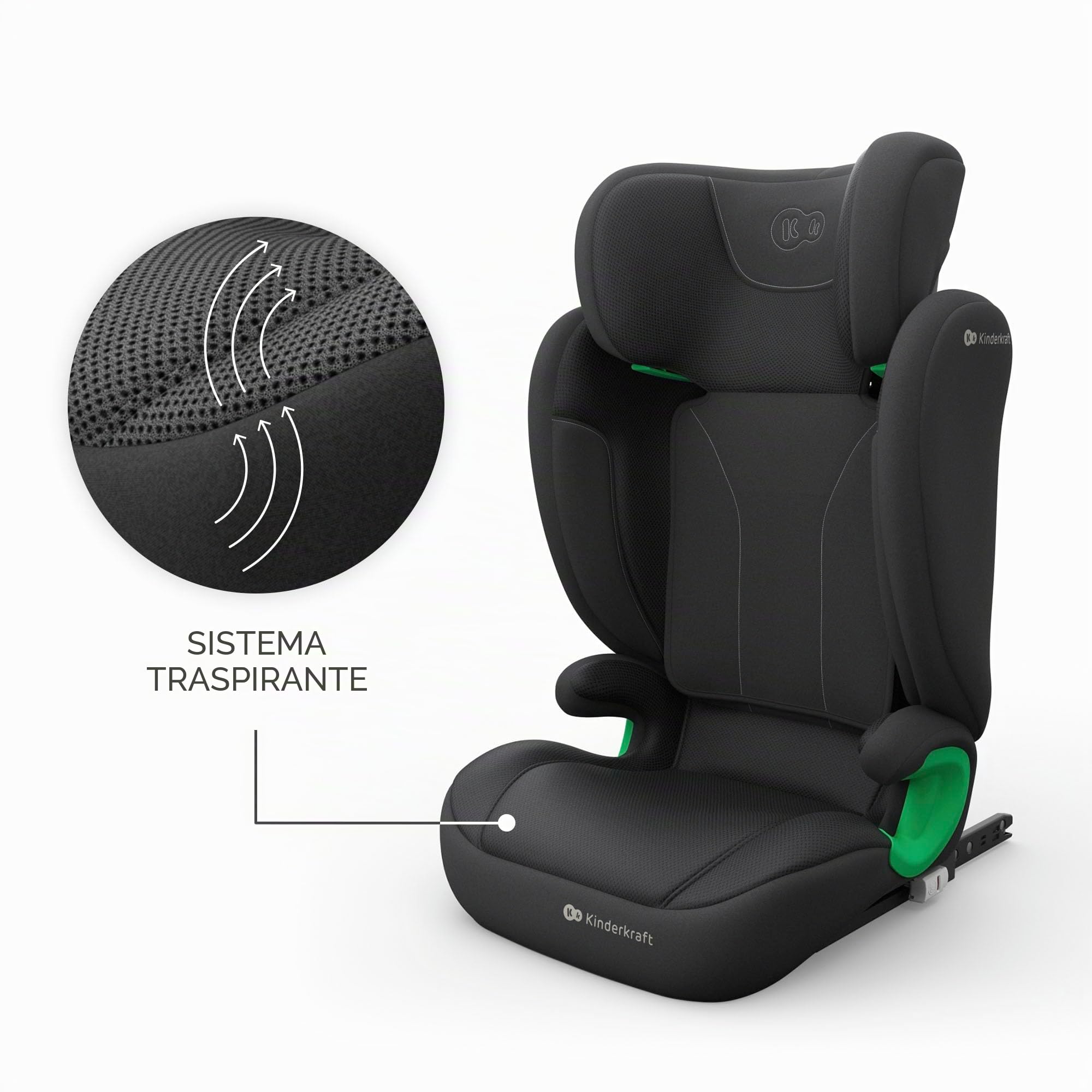Kinderkraft JUNIOR FIX2 PRO I-SIZE Seggiolino auto 15-36 kg, Gruppo 2-3, 100-150 cm, con Isofix, Poggiatesta regolabile, Sistemi di sicurezza, Leggero Facile da trasportare, Facile da pulire, Nero