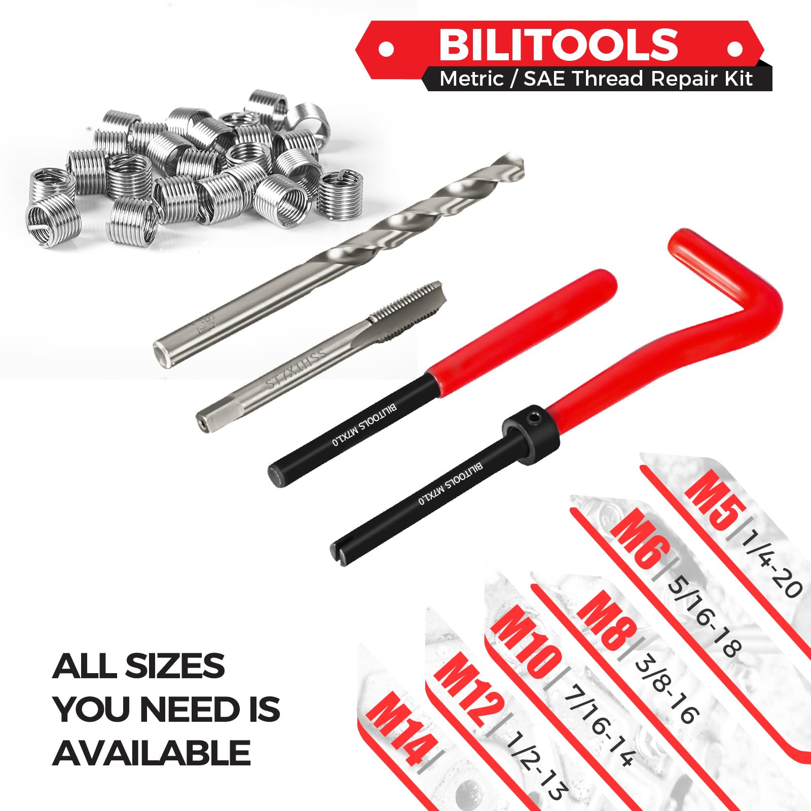 BILITOOLS Helicoil - Kit di riparazione filettature metriche M7 x 1.0 HSS, kit di riparazione elicoil