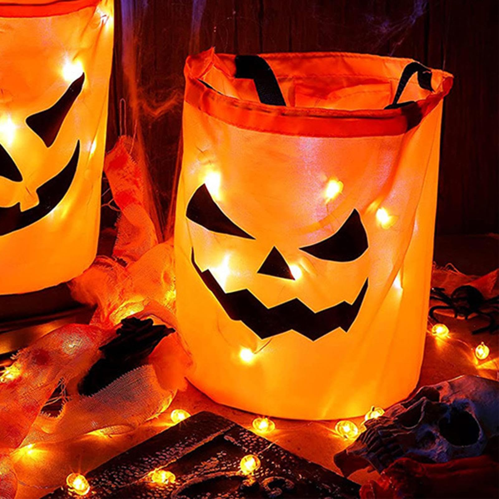 2 Seaux Halloween à Bonbons Avec Lumières LED - Motif Citrouille Souriante, Taille 25x30 Cm, Pour Fête Enfants