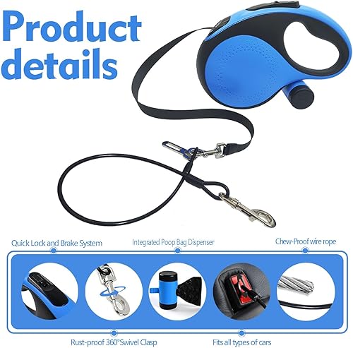 Miniatura 3 de Correa retráctil para perro de 26 pies con cable a prueba de mordidas, correa resistente con bolsas extraíbles para excrementos para perros medianos