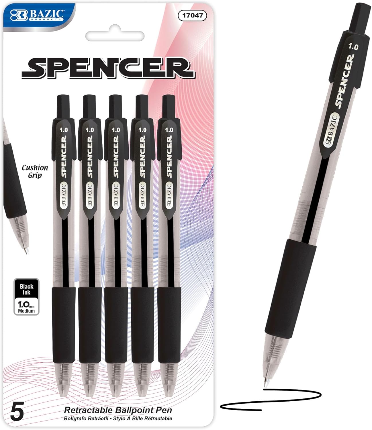 BAZIC PRODUCTS Gel Pens, Spencer Retractable Gel Pen, 1.0 mm Bold Tip for Smooth Writing for Office, School, or Teacher Use, Premium Writing Pens (5/Pack), 24-Pack