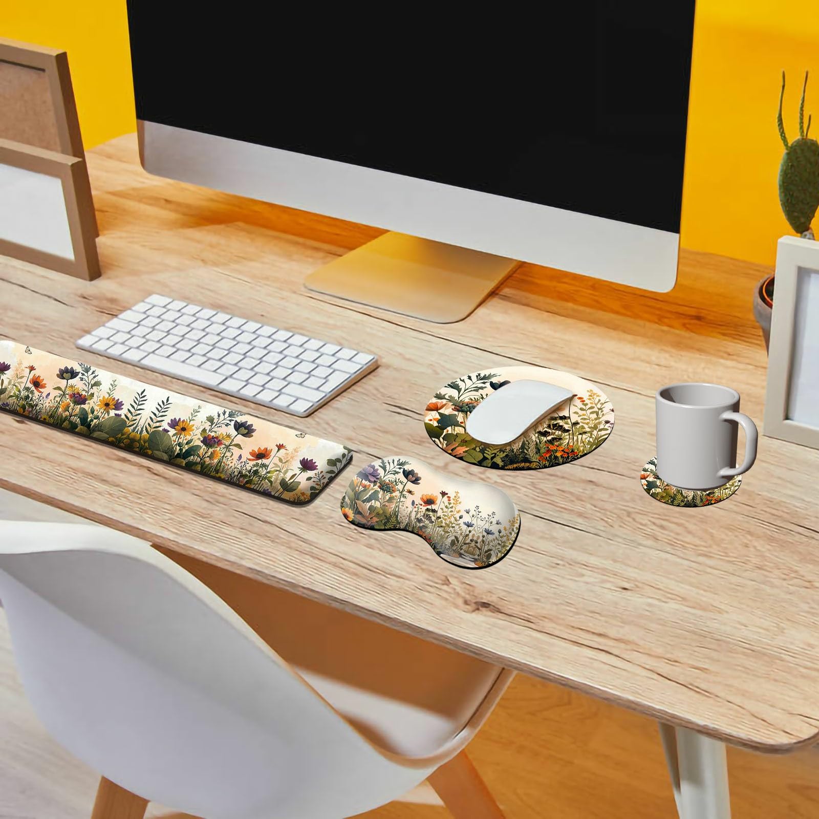 Alfombrilla para mouse con reposamuñecas + reposamuñecas para teclado + alfombrilla de mouse para juegos + posavasos, juego de almohadillas ergonómicas de espuma viscoelástica con fácil escritura y