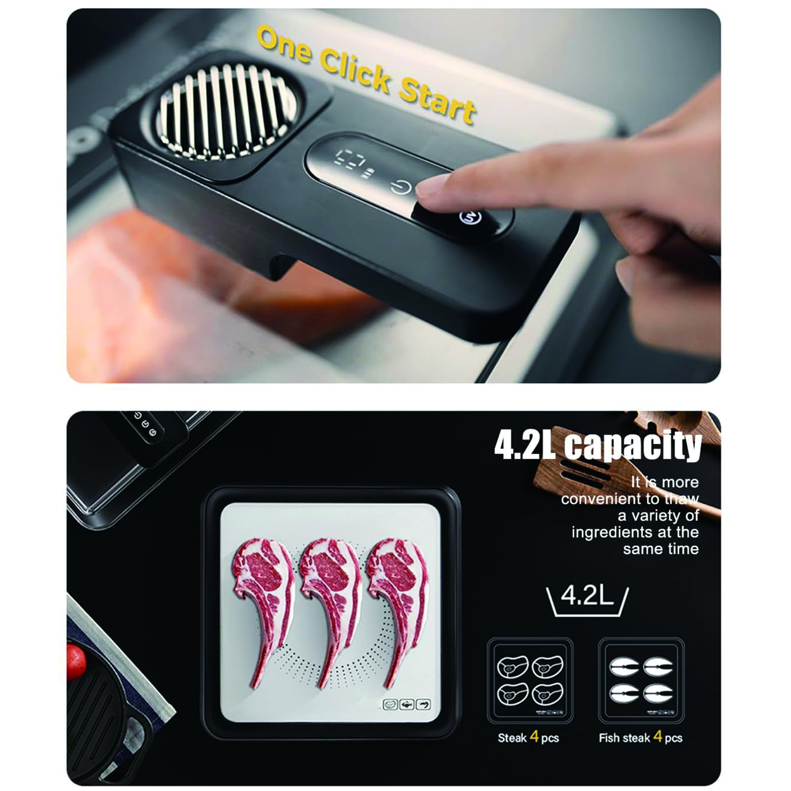Vassoio elettrico per scongelare la carne da 4,2 l, con tecnologia di flusso d'aria e timer, piastra di sbrinamento ricaricabile tramite USB, per bistecca, pollo, pesce, frutti di mare, facile da