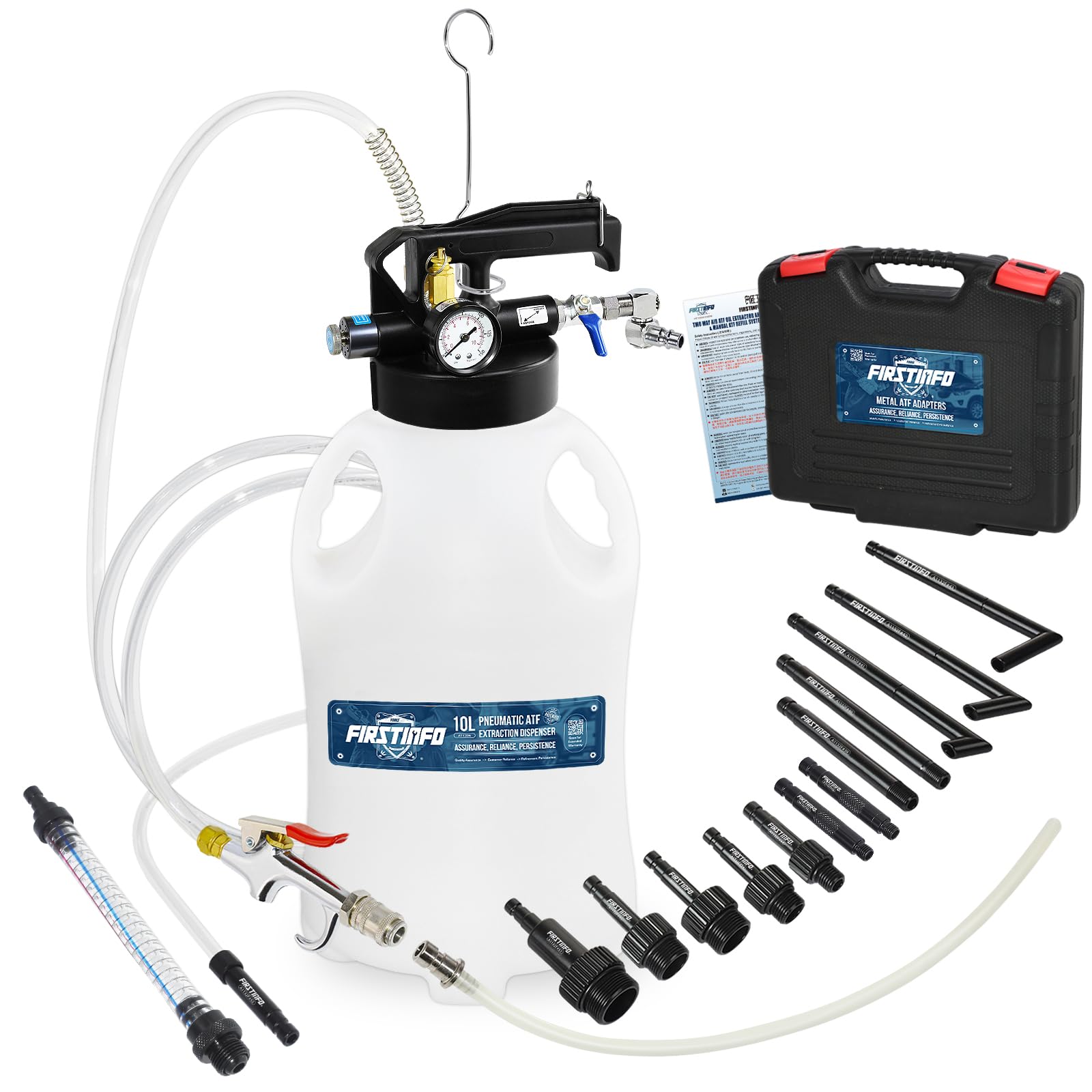 FIRSTINFO Pneumatic Transmission Fluid Transfer Pump, 10L Gearbox Oil Filling Pump ATF Filler System with 14pcs Filler Adapters