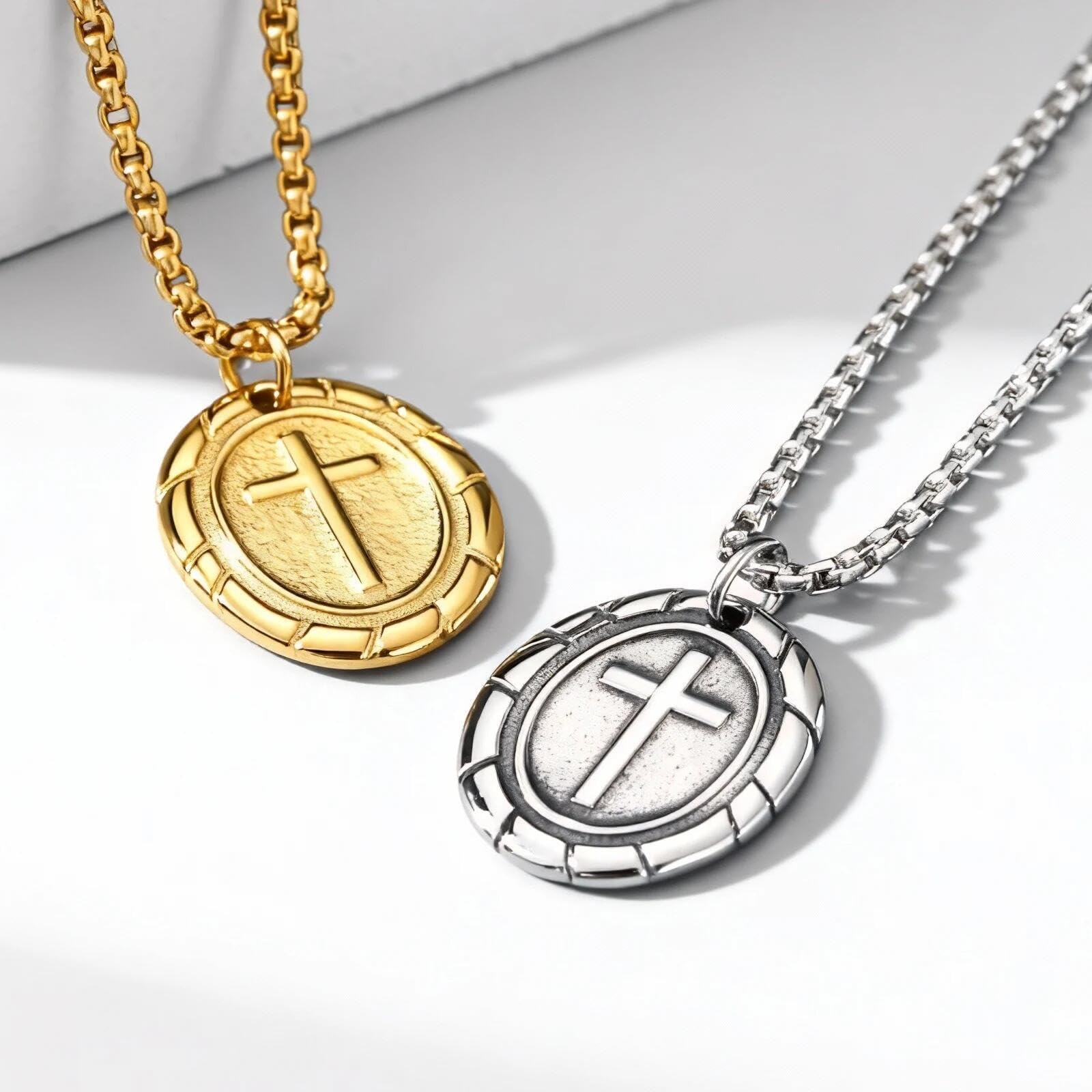 Collana in lega con perline croce doppia faccia gioielli ovali in acciaio inossidabile pendente per coppie catena abbinata per uomini e donne regolabile per donne ragazze e ragazzi