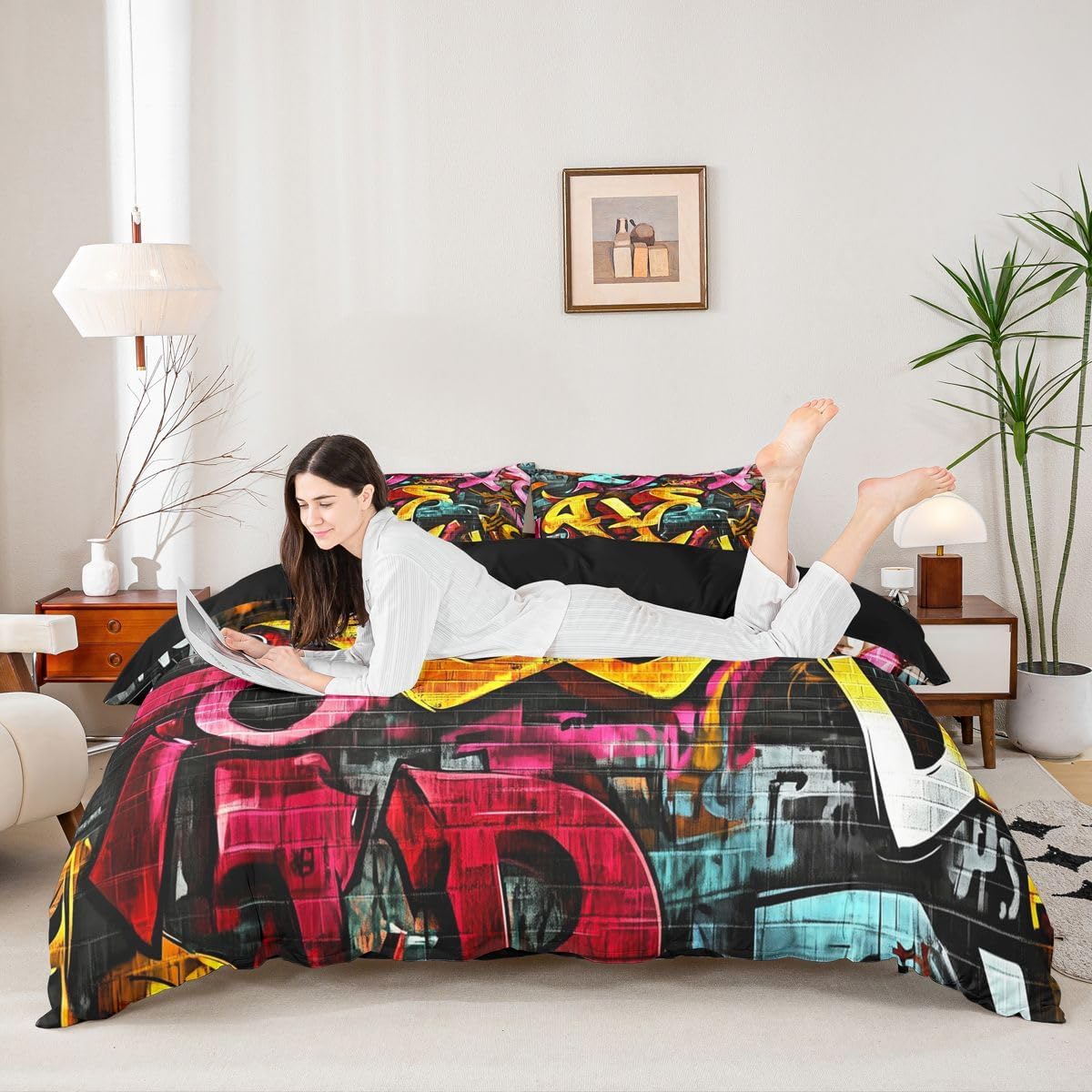 Feelyou Hippie Comforter Set Boys Teens Hip Hop Street Culture Bedding Set Kids Youth Wall Art Duvet Cover Graffiti Pattern Quilt Cover, Room Decor 2Pcs Twin Size