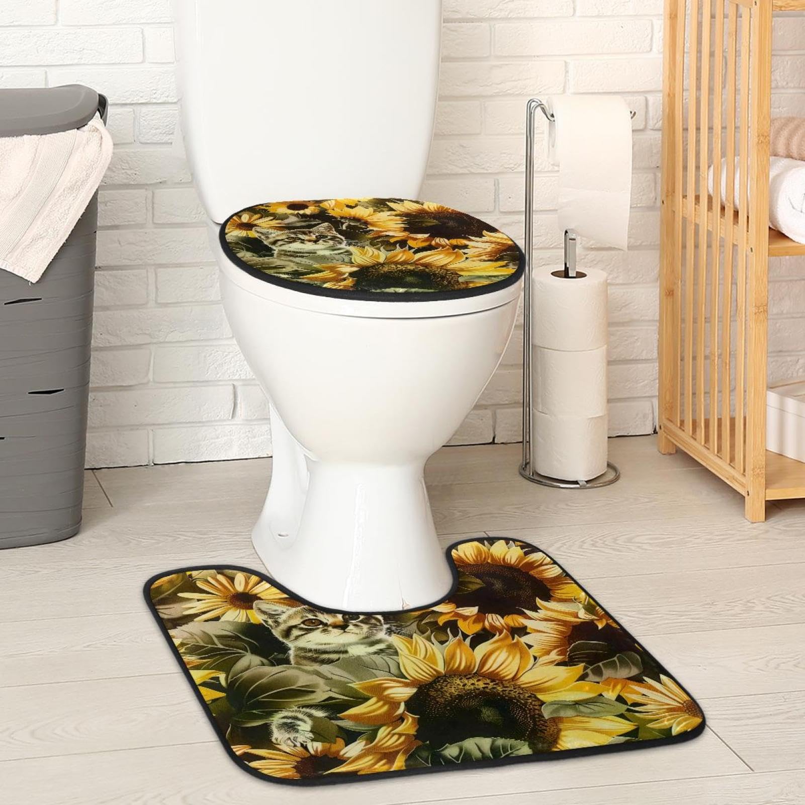 MUOOUM Toilet Lid Cover and U-Shaped Toilet Floor Mat Set of 2 Pieces, Kitten and Sunflowers Pattern Toilet Mat Set, Machine Washable Seat Covers Non-Slip Absorbent Rugs