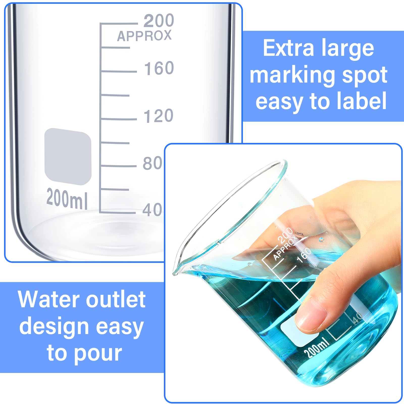 Relaxweex 12 vasos de vidrio de 200 ml de vidrio de borosilicato 3.3 con boquilla, cristalería de forma baja para laboratorios, aulas o uso doméstico