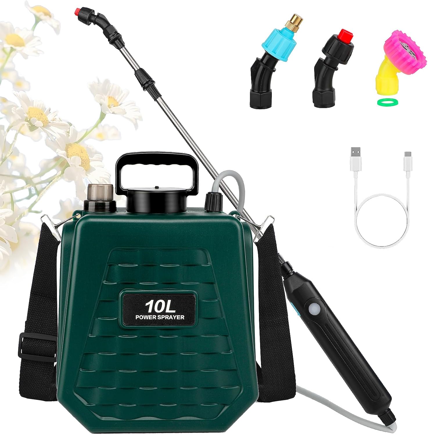 2.6 Gallon Battery Powered Garden Sprayer, Electric Sprayer Weed Yard Lawn Sprayers with 3 Mist Nozzles, USB Rechargeable Handle & Retractable Wand & Adjustable Strap (Green)