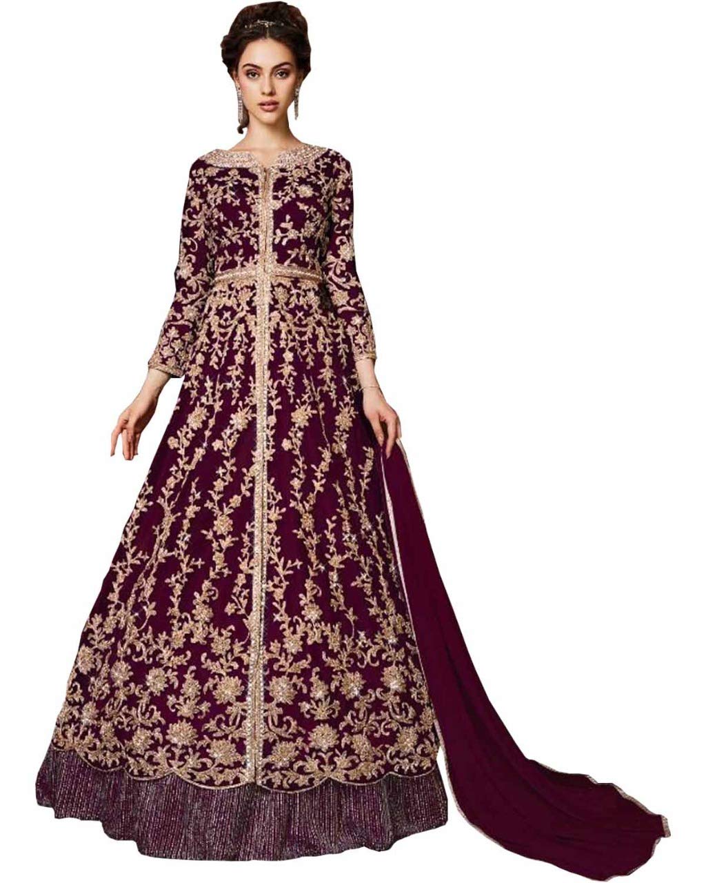 JIVRAJ FASHIONHeavy Embroidery Worked Floor Touch Anarkali Net Gown Indian Pakistani Salwar Kameez Suits (Choice 2, Custom Stitching)
