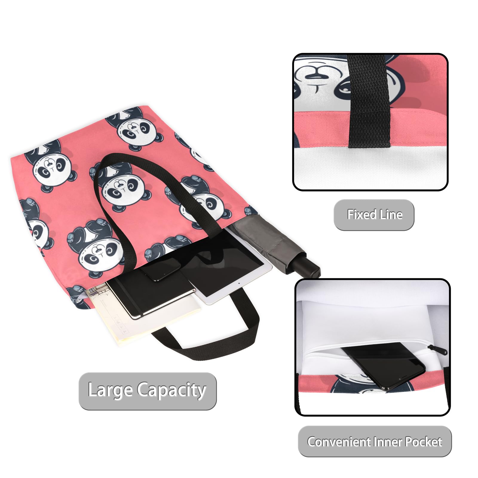 Mularoka Cute Cartoon Pandas Large Capacity Canvas Tote Bag Stylish Handheld Shoulder Bag Reusable Shopping Bag for Work Travel Beach Trips Shopping