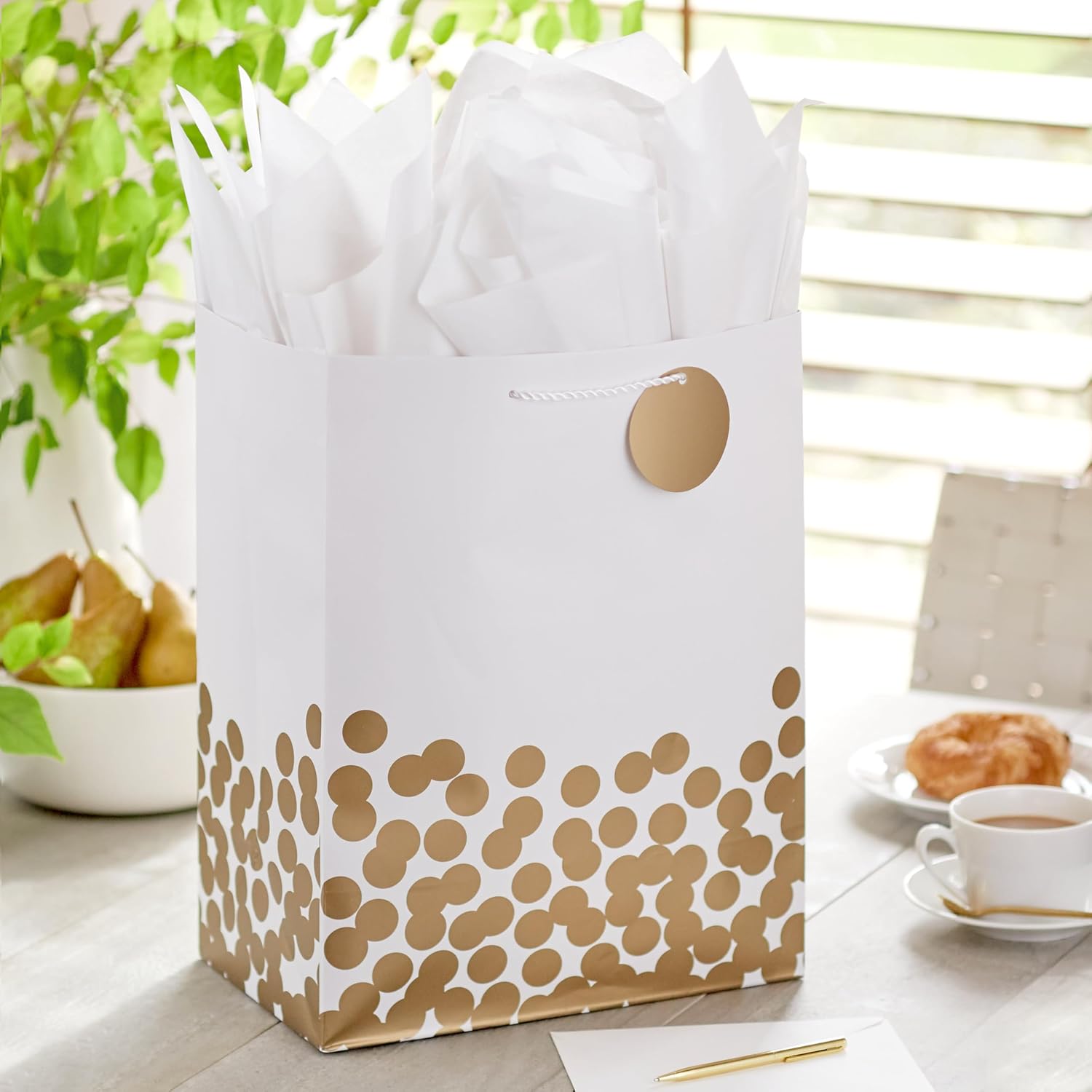 Hallmark 17" Extra Large Gift Bag with Tissue Paper (White with Gold Polka Dots) for Valentine's Day, Weddings, Engagements, Bridal Showers, Graduations, Retirements, Birthdays