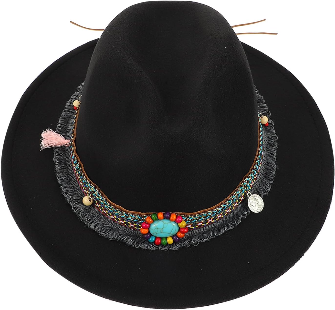 Retro Woolen Jazz Hat Ethnic Style Fedora Black Medium 56-58cm Classic Dress Hat for Men Party and Daily Wear