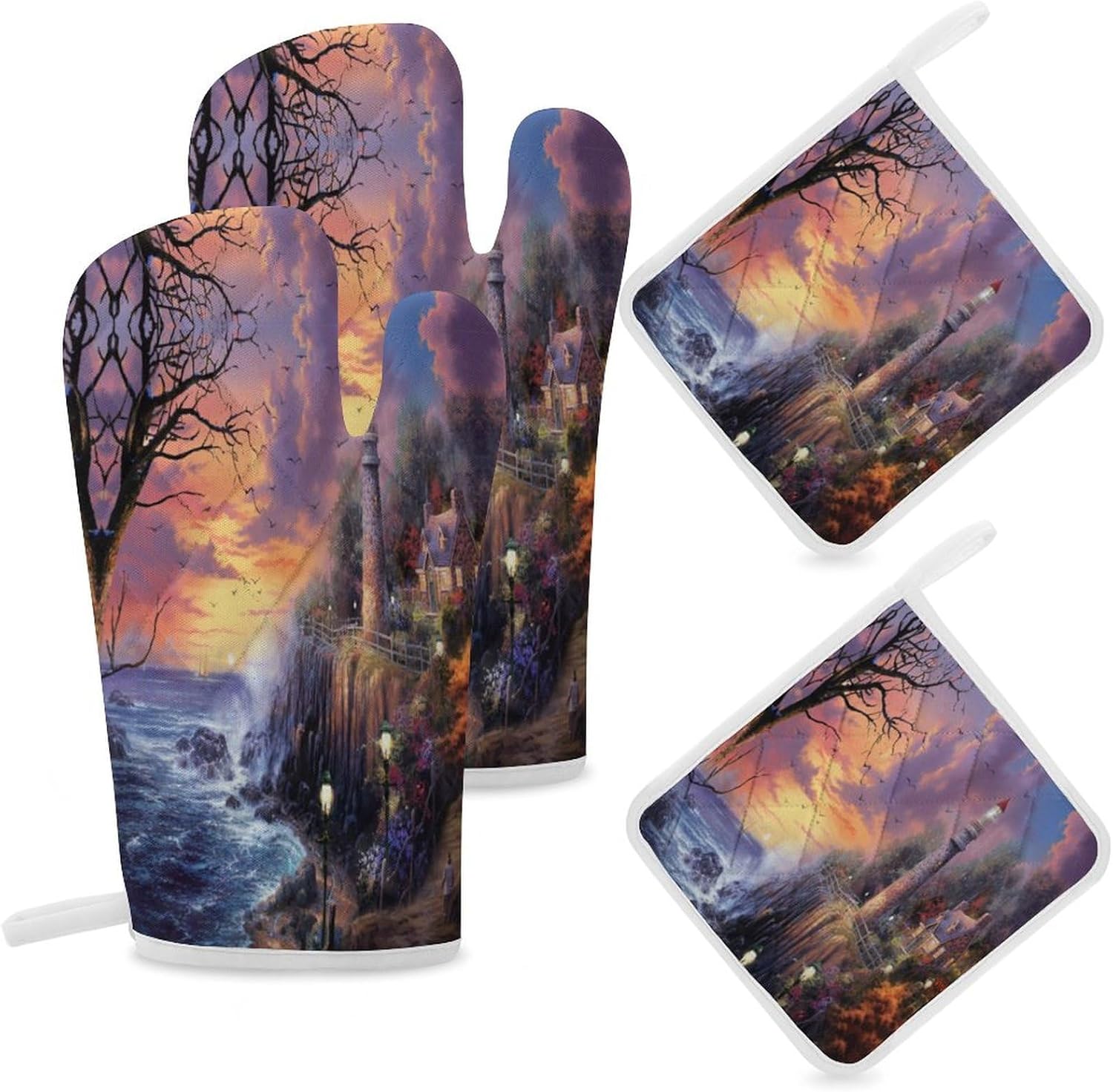 Watercolor Coastal Lighthouse Oven Mitts and Pot Holders Abstract Oil Painting Lighthouse Farmhouse Seaside Sunset Nautical Oce Oven Mitts Gloves Kitchen Non Slip Baking BBQ Gloves 4 Set