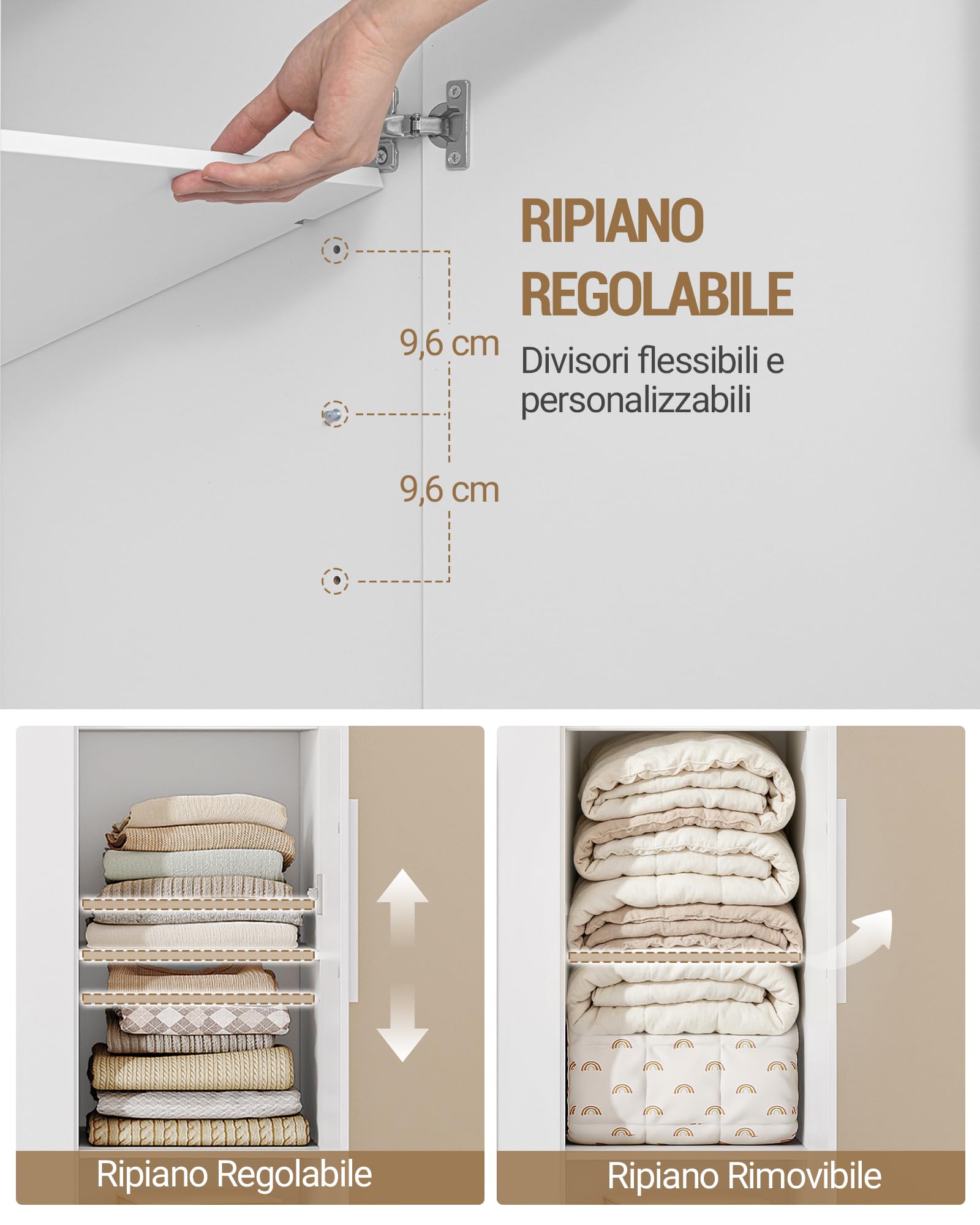 Hzuaneri Armadio 50 X 120 X 180 Cm, Armadio a Sei Ante con 3 Scomparti di Stoccaggio E Ganci, Ripiani Regolabili, Adatto Per Camera da Letto, Colore Bianco con Finitura Effetto Legno Naturale,BW10003E