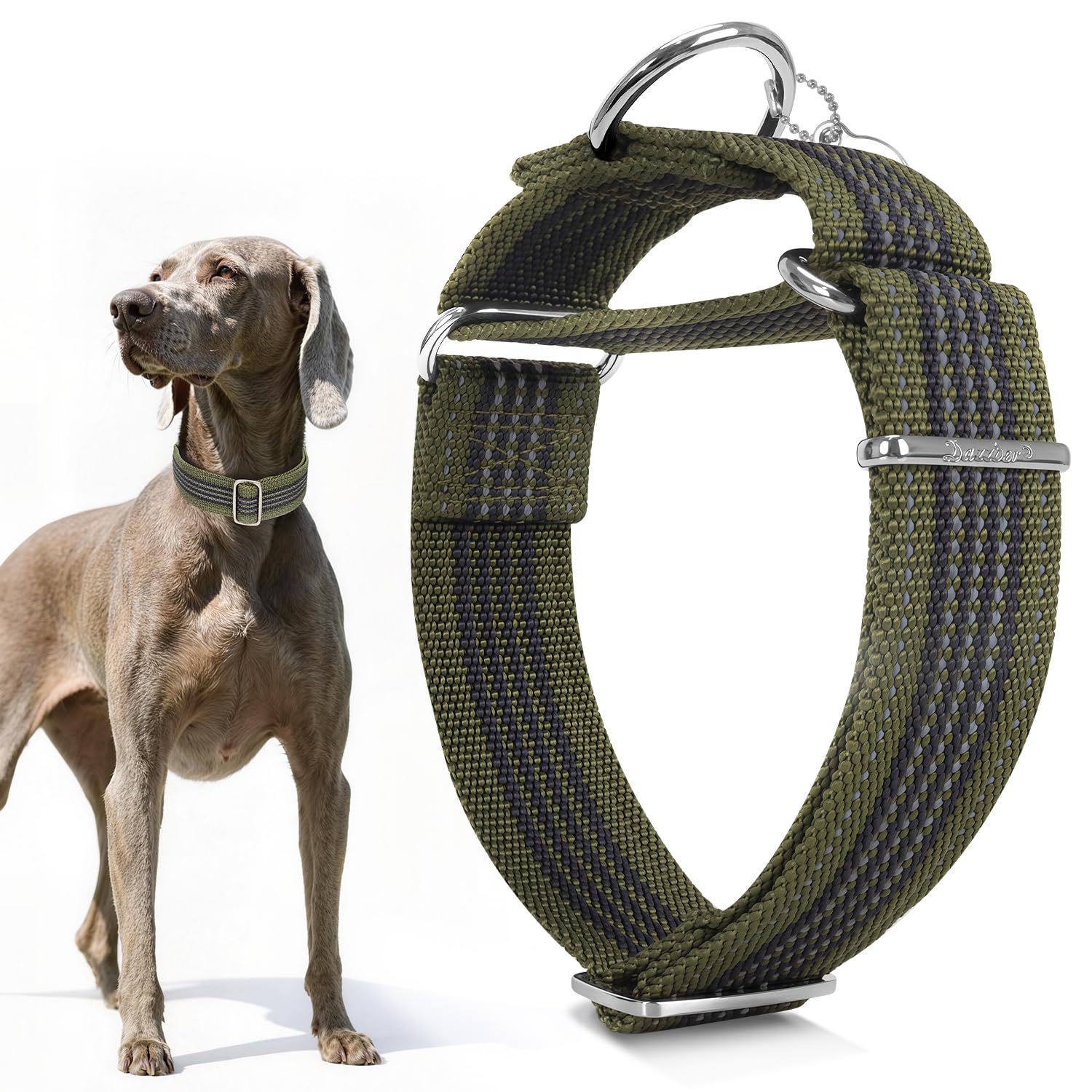 Dazzber 1.5" Martingale Dog Collar, Escape-Proof & Anti-Slip, Extra Strong Reflective Nylon, Adjustable Two-Color Stripe for Medium to X-Large Dogs (Olive Green& Charcoal,XL)
