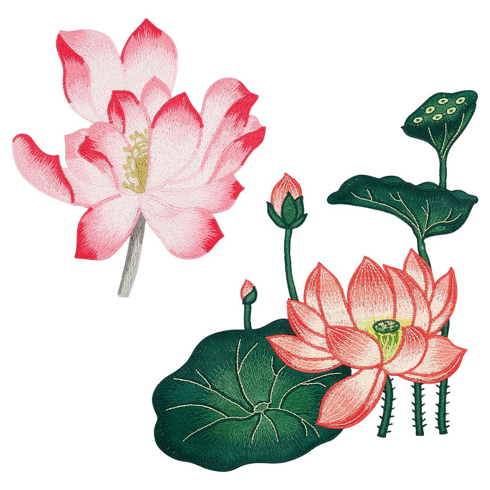 FINGERINSPIRE 2 Pcs Lotus Floral Decorative Patches 2 Styles Chinese Style Lotus Flowers Embroidered Appliques Sew on Lotus Flowers Lotus Leaf Cloth Patches for Dresses Clothes Bags Decoration