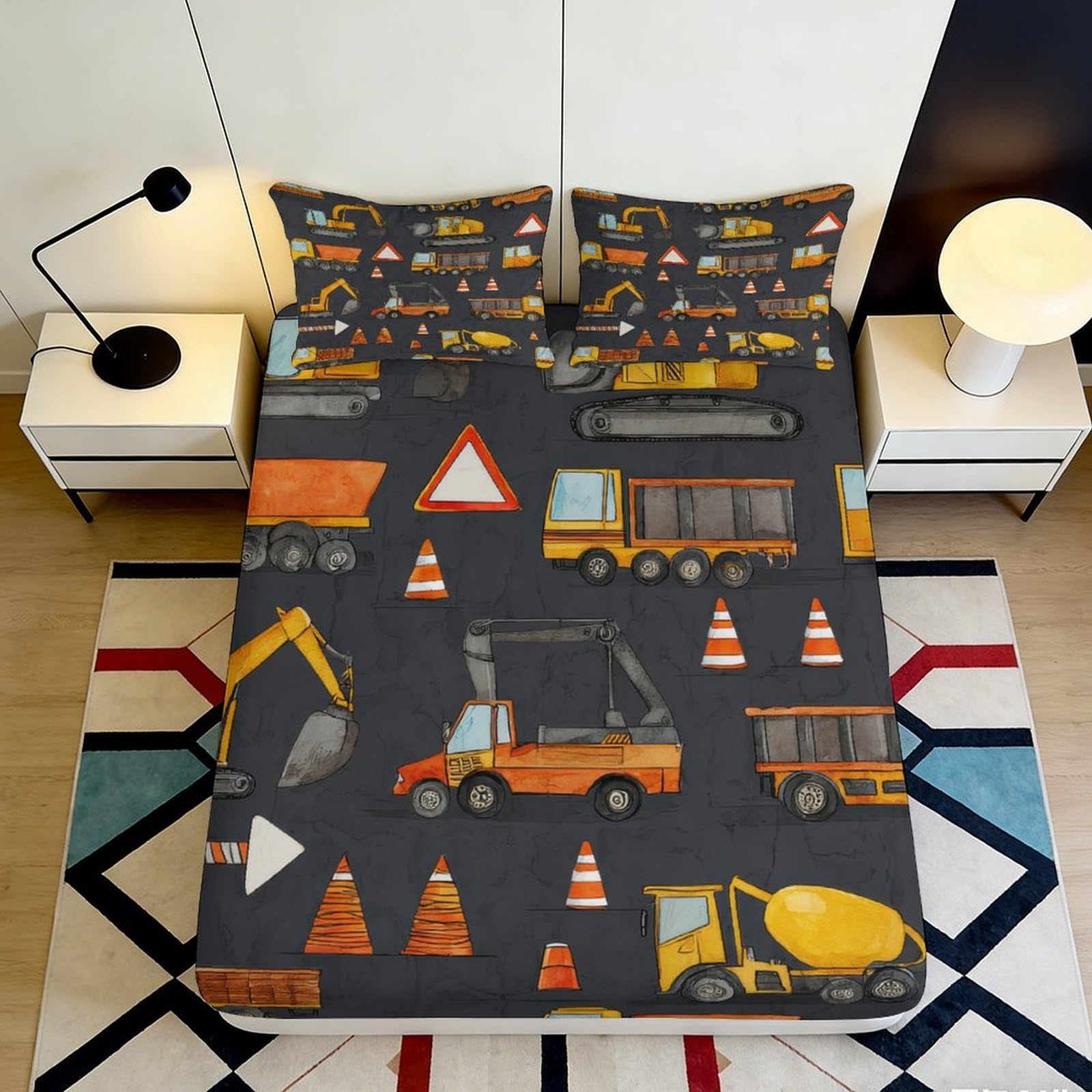 Dhbaneiok Style-1 3D Printed Construction Vehicles Fitted Sheet Microfiber Orange Grey Road Signs Bed Cover For Bedroom Dorm Decor 90X200x25cm