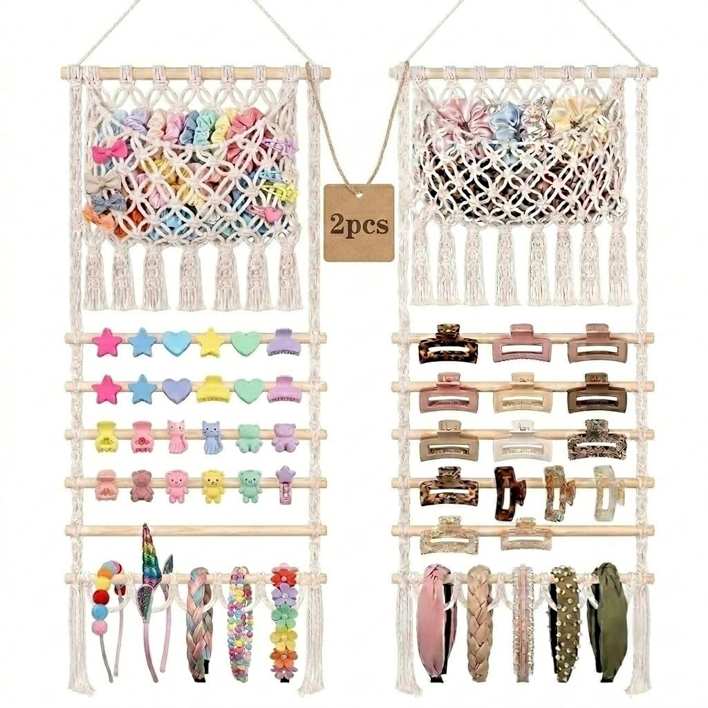 2 Pack Macrame Hair Claw Clip Organizer, Large Capacity Boho Hanging Storage for Scrunchies Hair Ties, Natural Cotton Rope Wall Door Decor for Women Girls