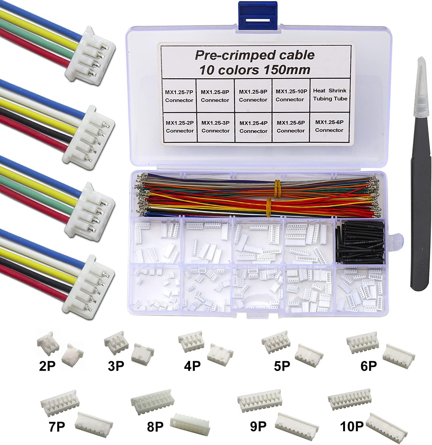 MX 1.25mm Connector Kit and Premium Pre-Crimped Cables Compatible with Molex PicoBlade for Pixhawk Flight Controller Wire Kit Total 140pcs MX1.25 Connectors and 200pcs 28AWG Cable 150mm Wire