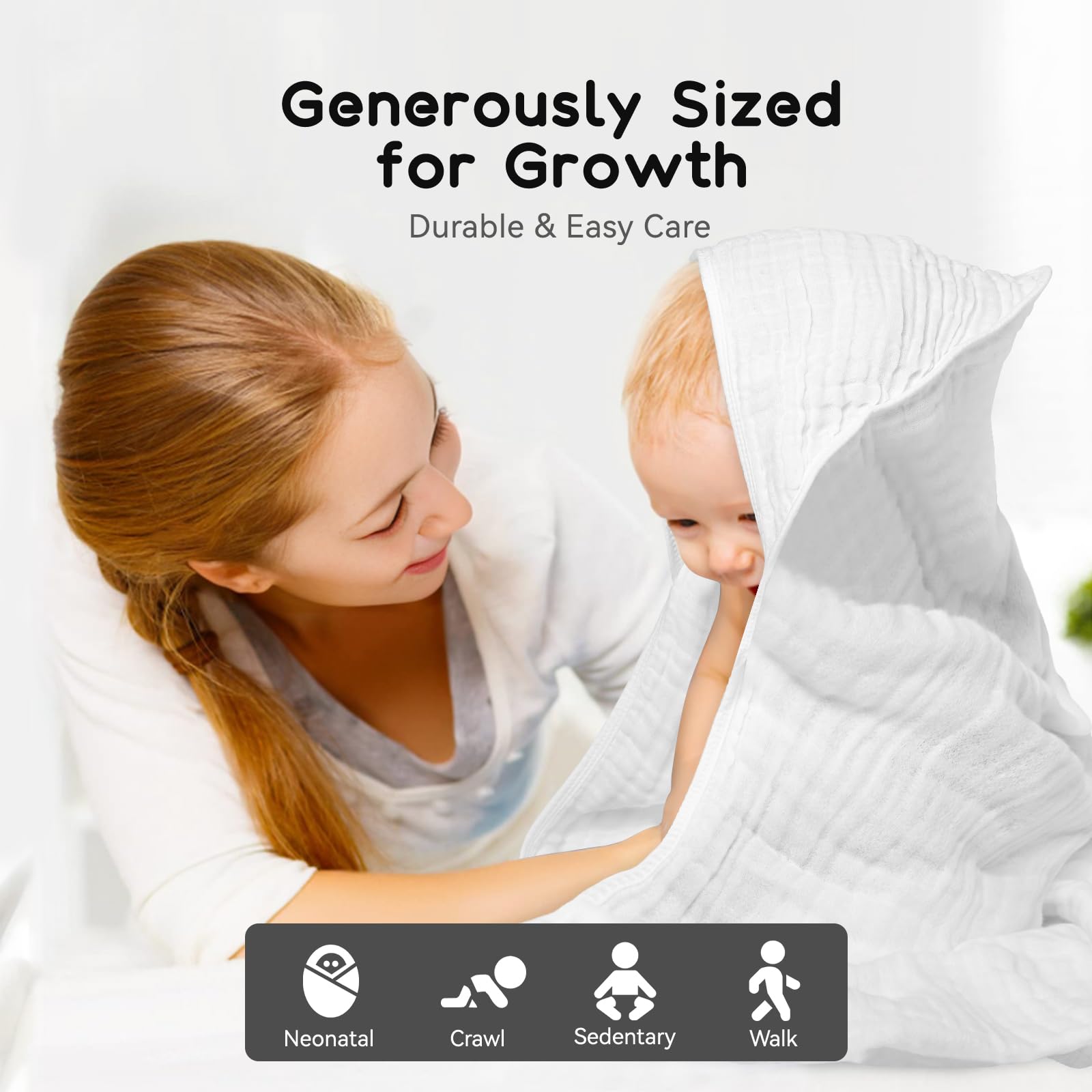 Toallas con capucha para bebés y niños pequeños, toalla de baño de muselina suave y absorbente para niños y niñas (color blanco, 1 unidad)