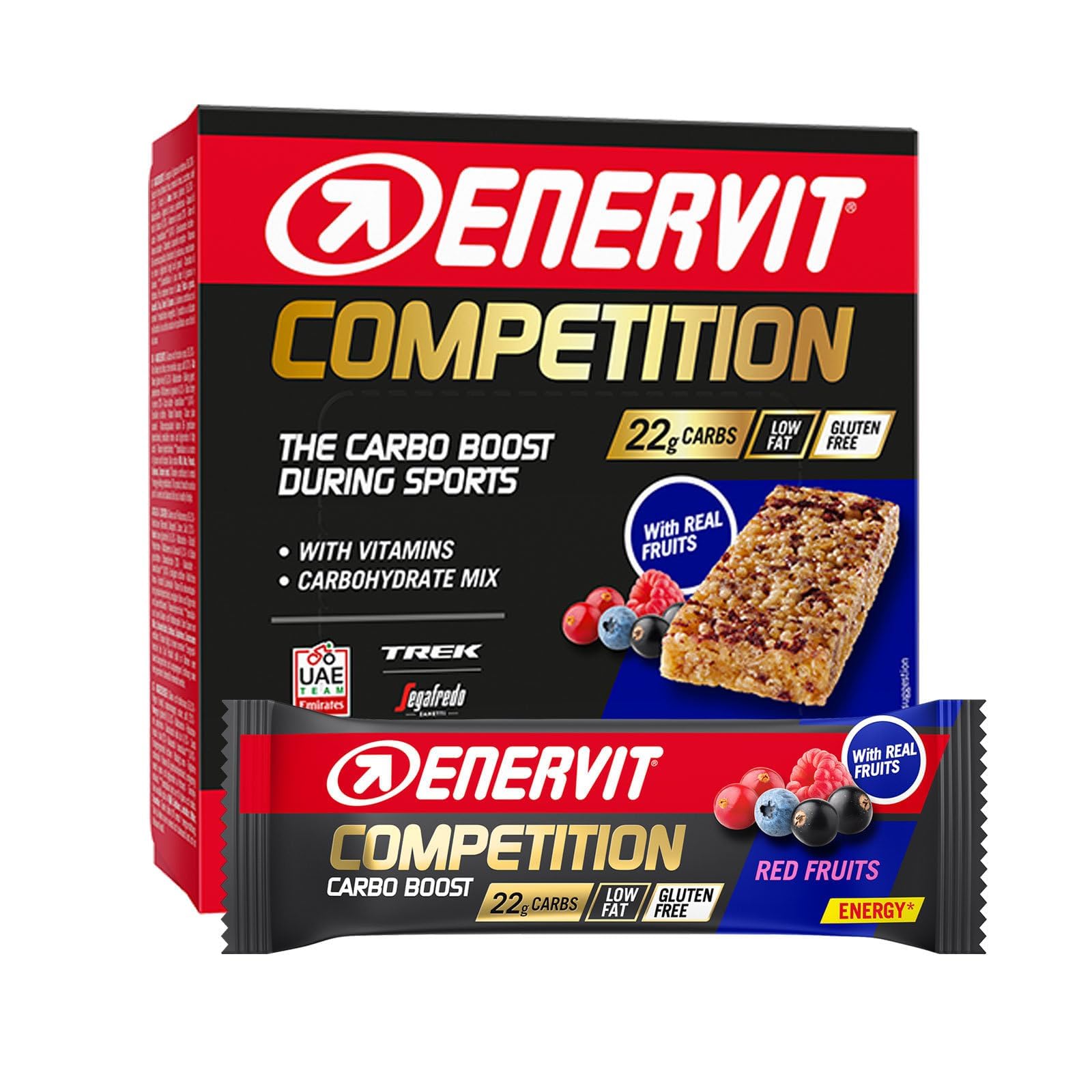 Enervit Competition Bar Red Fruits – Energieriegel mit 22 g Kohlenhydrate, innovative Formel für intensive Aktivitäten, Vegan, Glutenfrei, Geschmack roter Früchte, 12 Riegel à 30 g