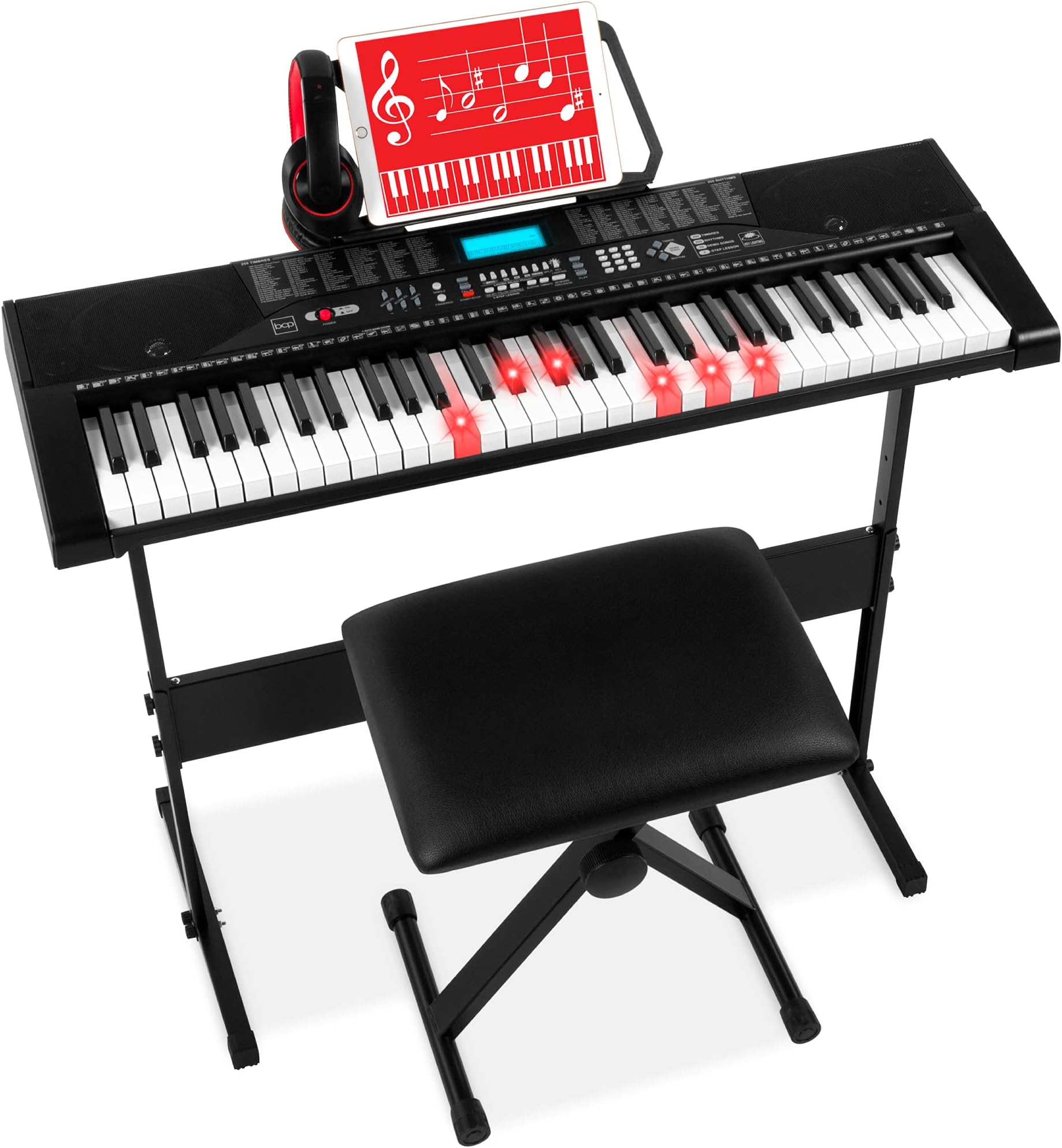 Best Choice Products 61-Key Beginners Complete Electronic Keyboard Piano Set w/Lighted Keys, LCD Screen, Headphones, Stand, Bench, Teaching Modes, Note Stickers, Built-In Speakers - Black