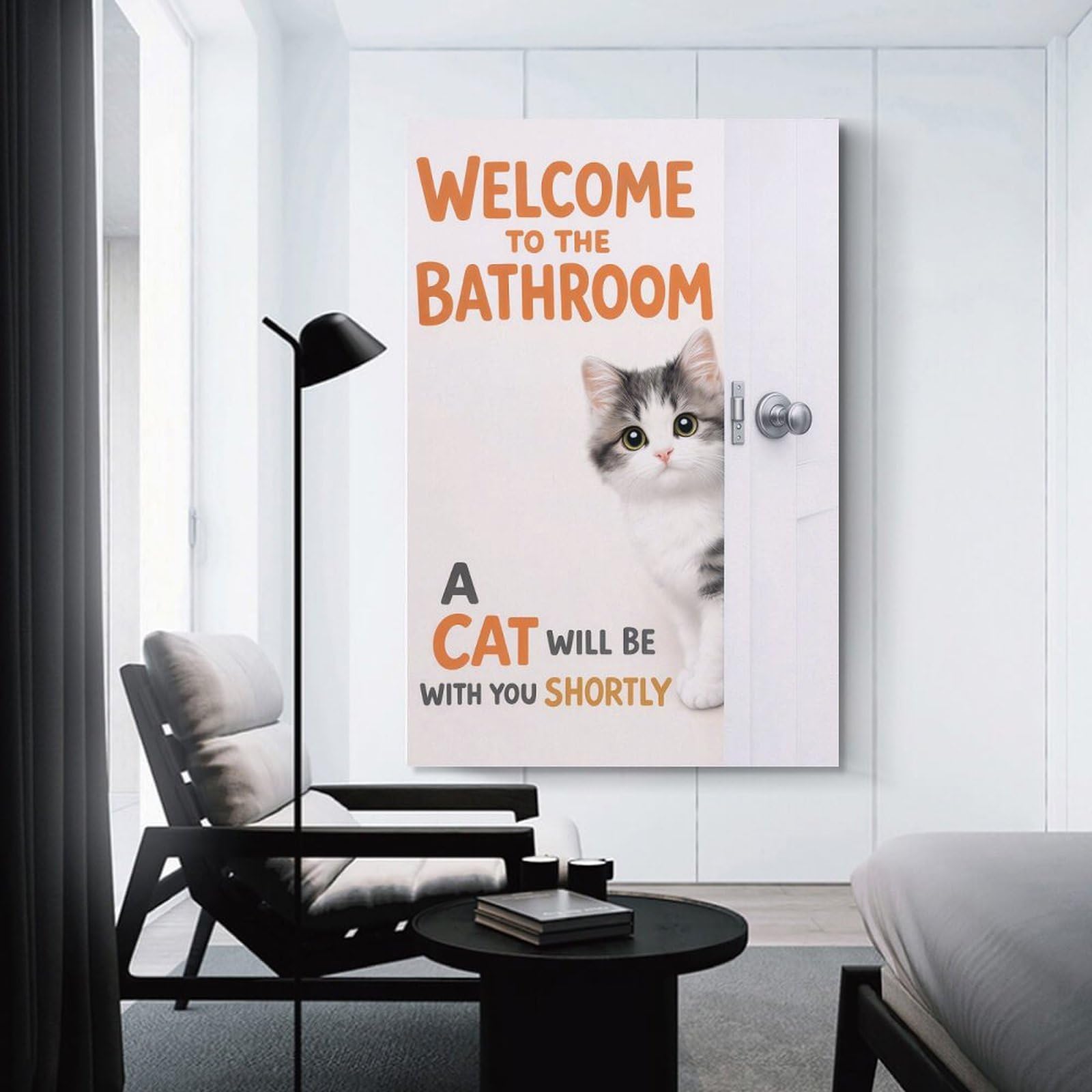 Junmoney Unframe-Style-17 Welcome To The Bathroom Cat Home Decor Wall Art 24X36inch(60X90cm), For Bedroom, Guest Room Or Reading Nook, Decorative Wall Art For Cosy Rooms