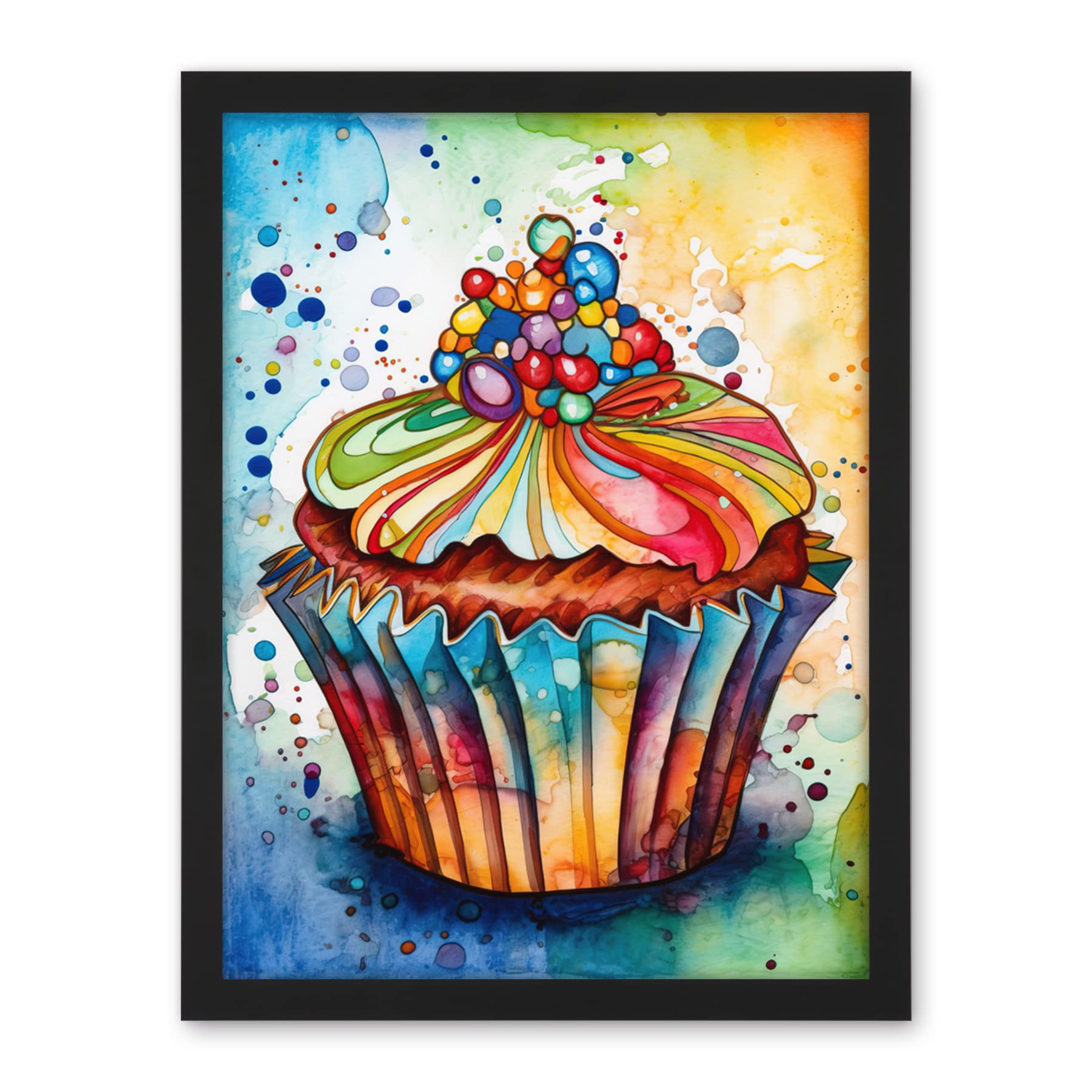 Artery8 Cupcake With Sprinkles Vibrant Watercolour Painting Artwork Framed Wall Art Print 18X24 Inch