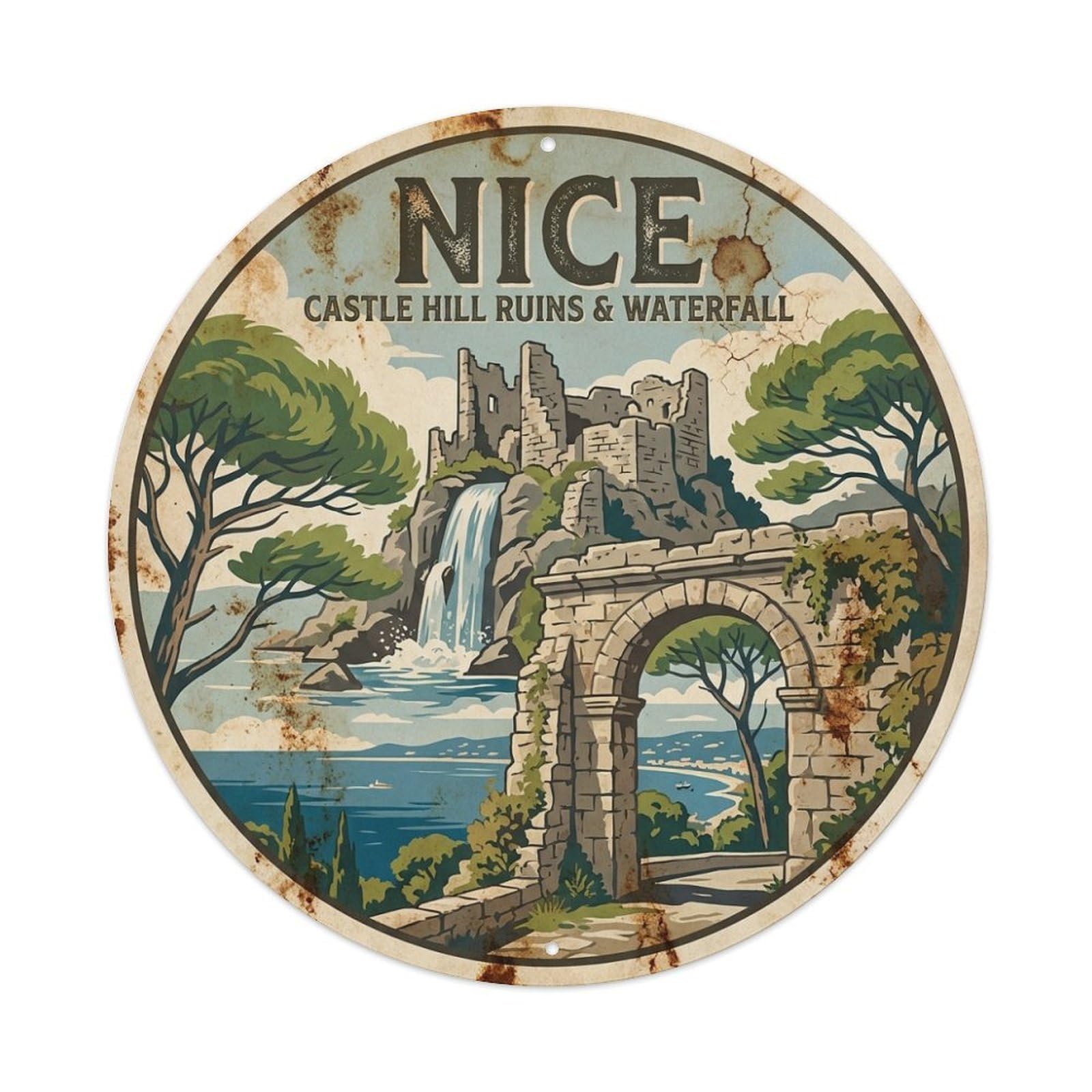 Olhnbad Style Castle Hill Ruins Waterfall Culture Nice Travel Metal Tin Sign