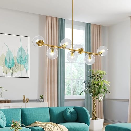 Miniatura 5 de KCO Lighting - Candelabro de latón cepillado con forma de globo de cristal, lámpara redonda de mediados de siglo, moderna Sputnik, lámpara de techo