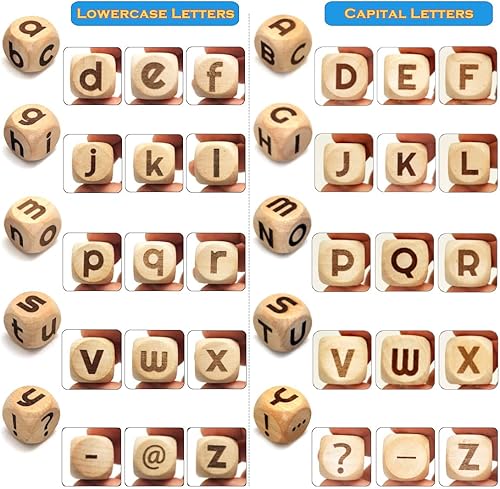 Miniatura 3 de Juego de 10 dados creativos de madera inglesa de 0.787 in, incluye 26 mayúsculas y 26 letras minúsculas grabadas en diferentes dados