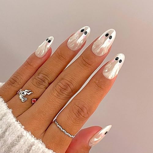 Miniatura 103 de Uñas postizas a presión de Halloween, cuadradas, medianas, con diseños de telaraña, parches coloridos, punta francesa, uñas acrílicas, uñas