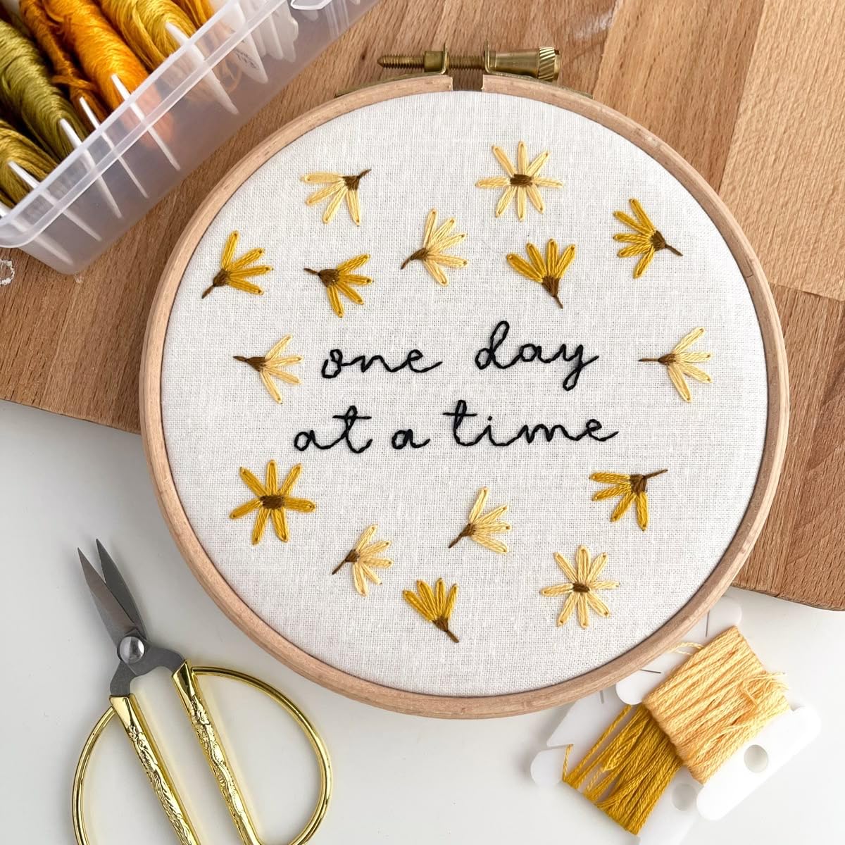 Handmade Embroidery Hoop Art, One Day at a Time Quote with Yellow Flowers, 20 cm Wooden Frame-image-47