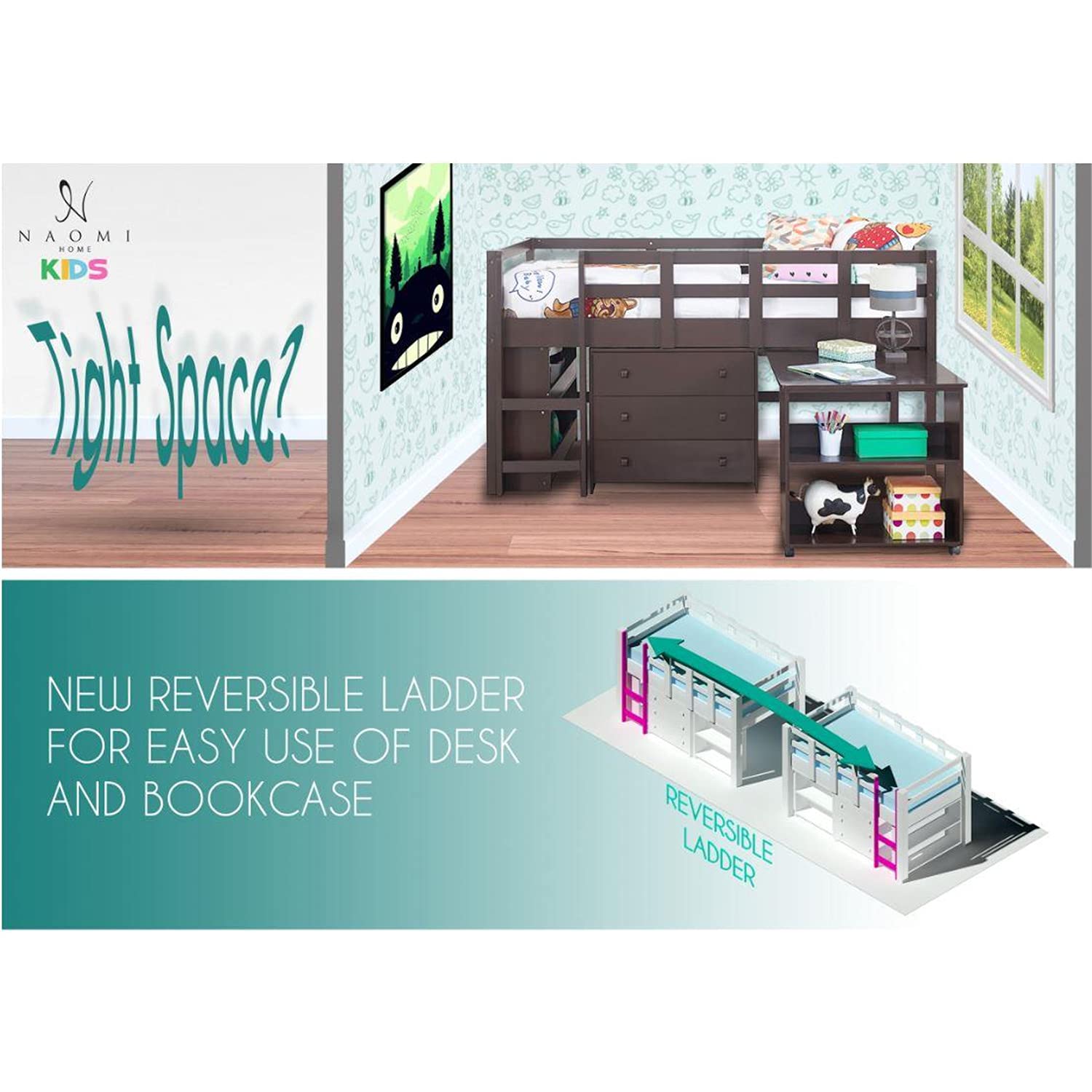 Twin Loft Bed with Desk, Low Study Loft Bed Frame with Storage Ladder, Rolling Portable